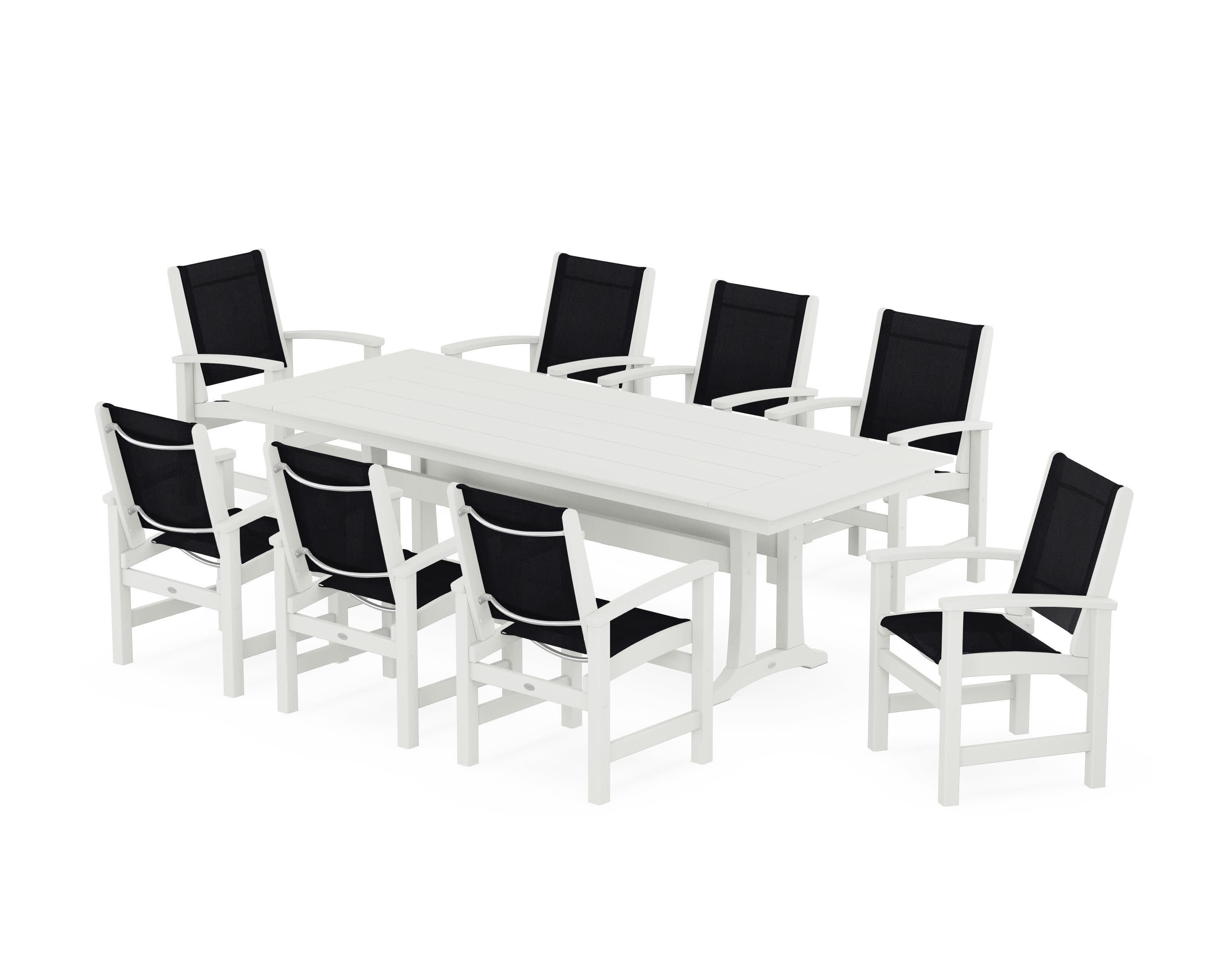 Coastal 9-Piece Farmhouse Dining Set with Trestle Legs in Vintage White / Black Sling
