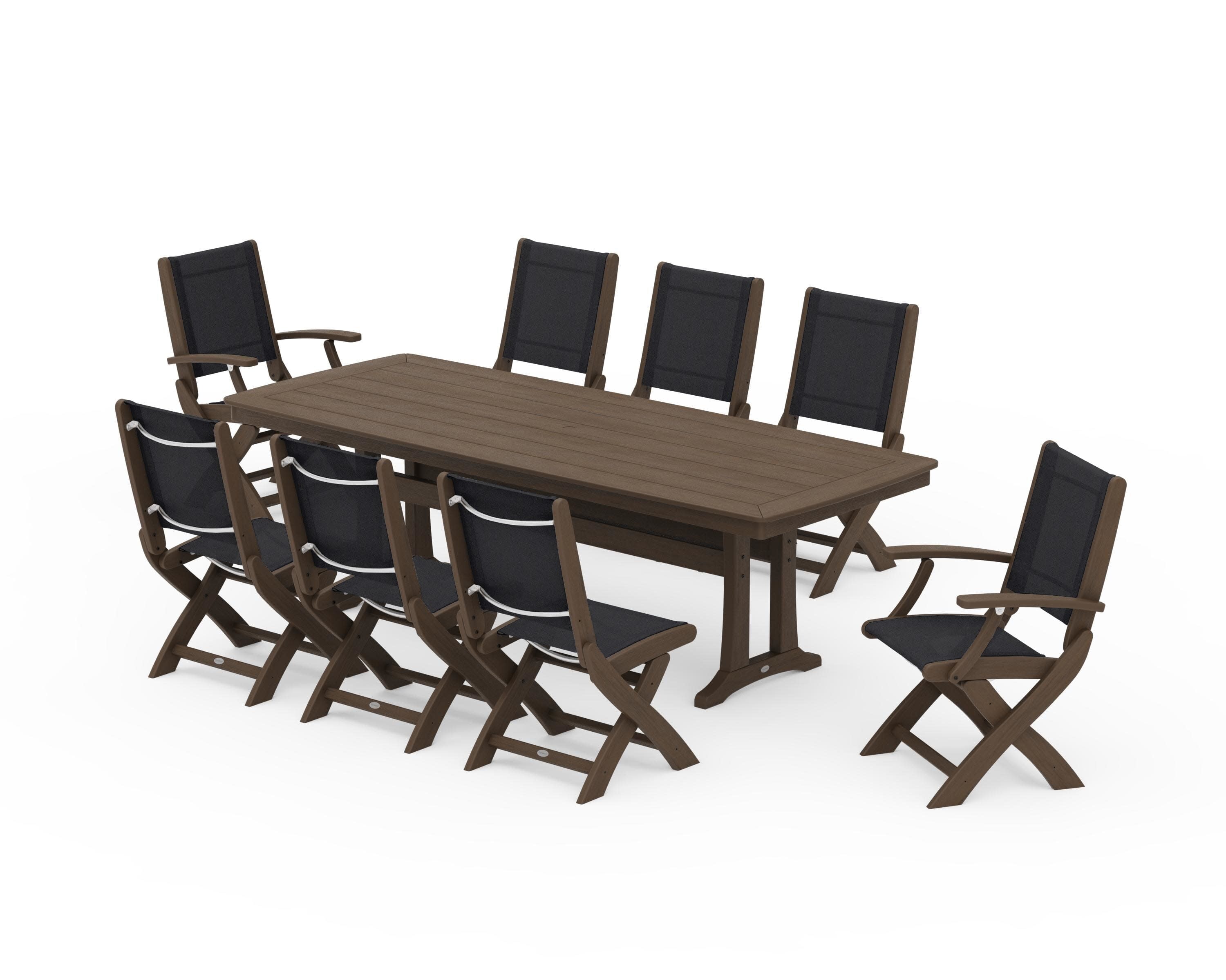 Coastal Folding 9-Piece Dining Set with Trestle Legs in Kona / Black Sling