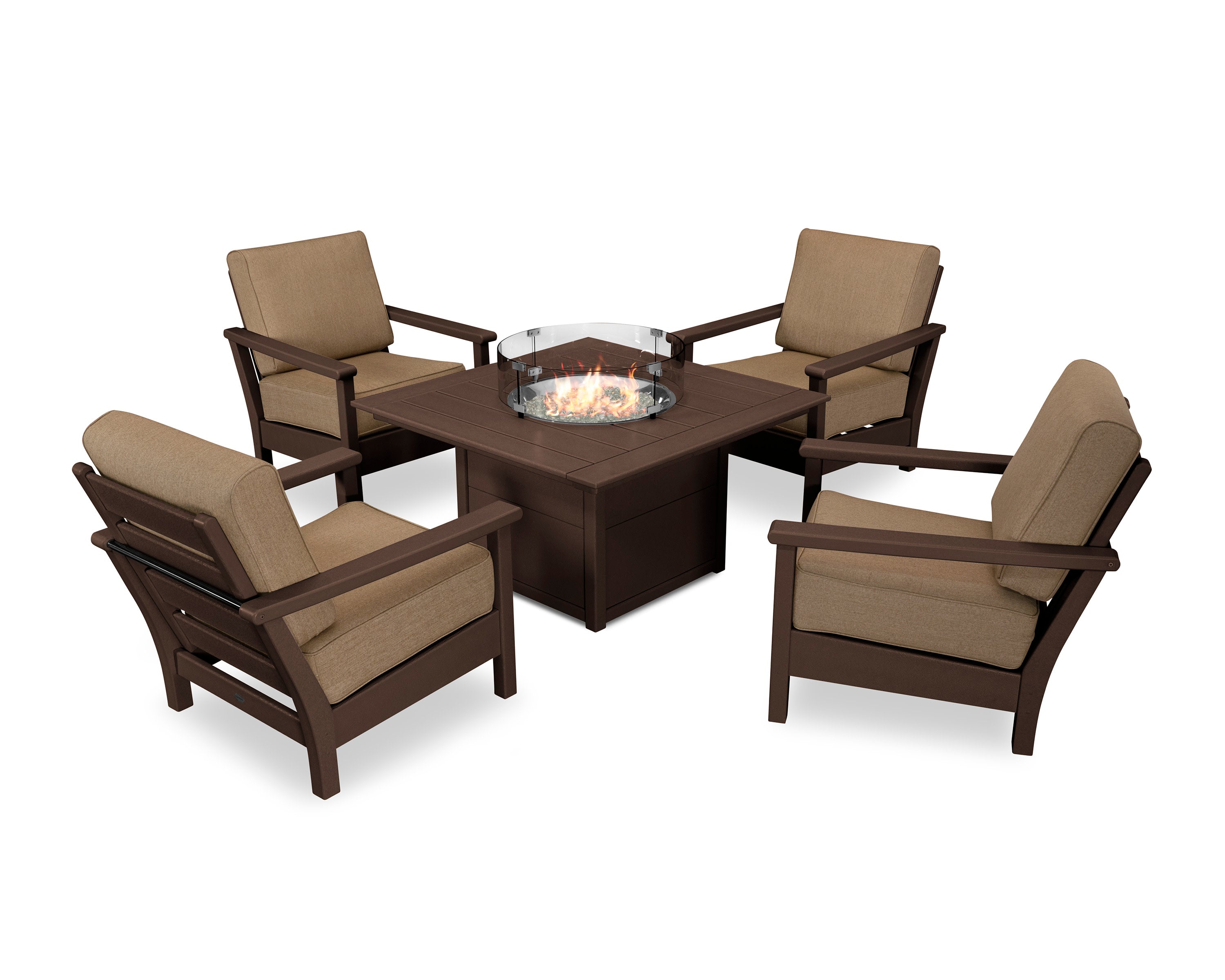 Harbour 5-Piece Conversation Set with Fire Pit Table in Mahogany / Sesame
