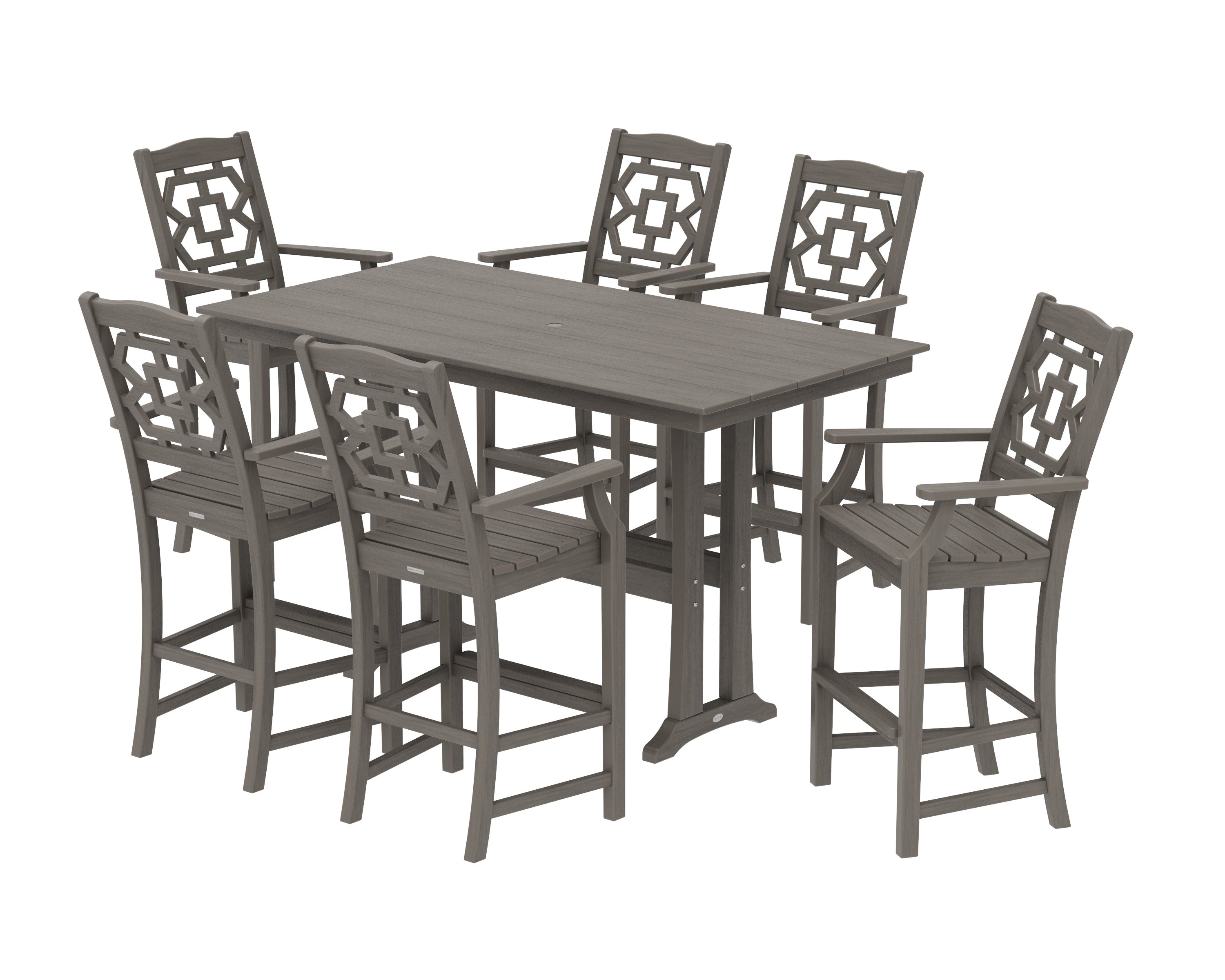Chinoiserie Arm Chair 7-Piece Farmhouse Bar Set with Trestle Legs in Driftwood