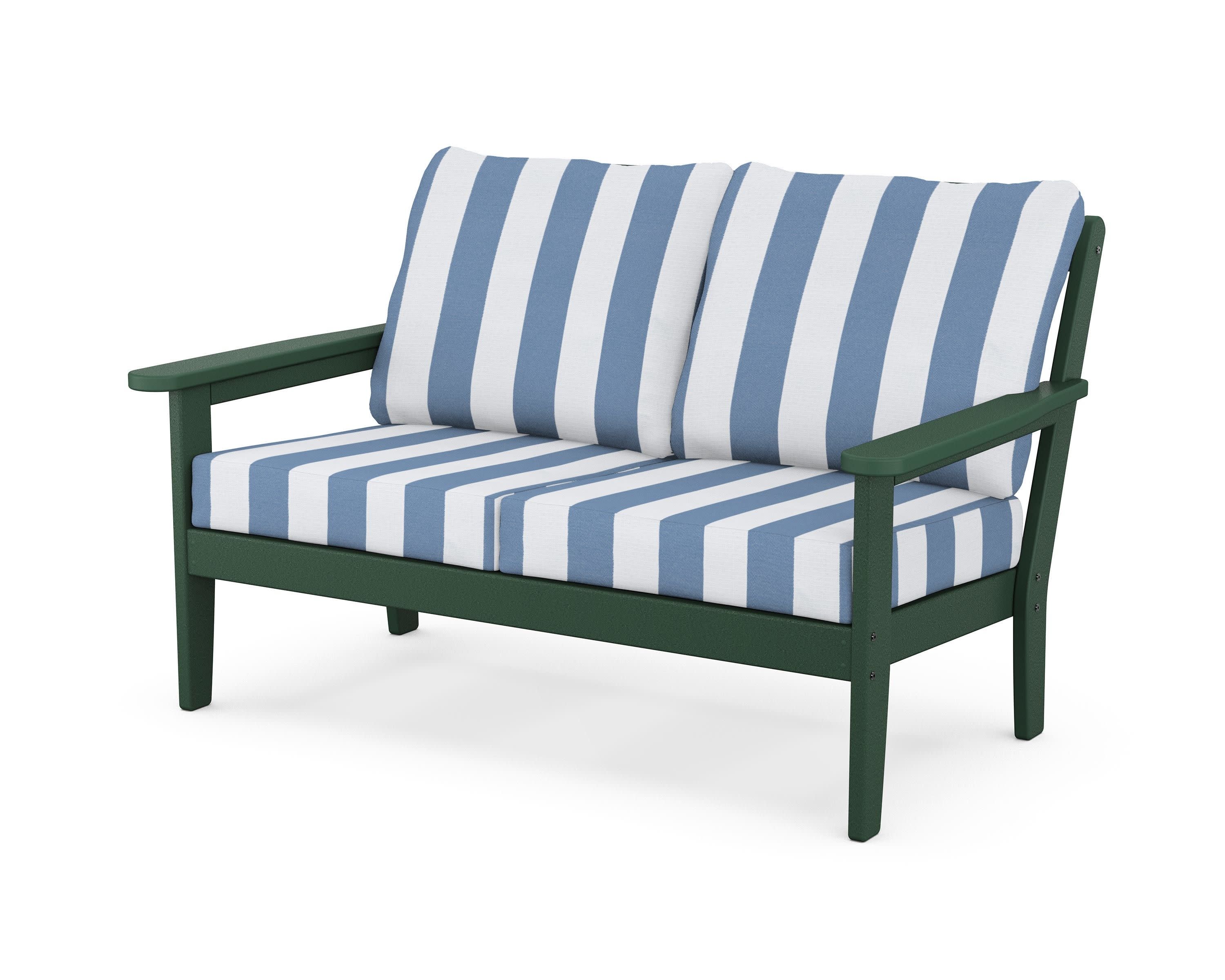 Cottage Deep Seating Loveseat in Green / Cabana Stripe Sky Blue