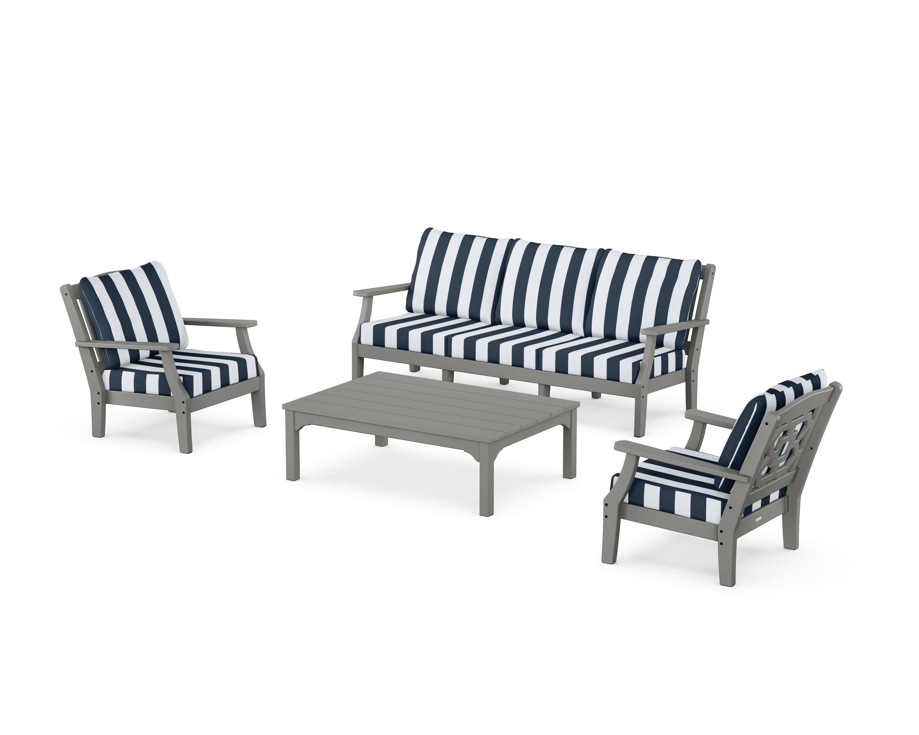 Chinoiserie 4-Piece Deep Seating Set with Sofa in Slate Grey / Cabana Stripe Marine Indigo