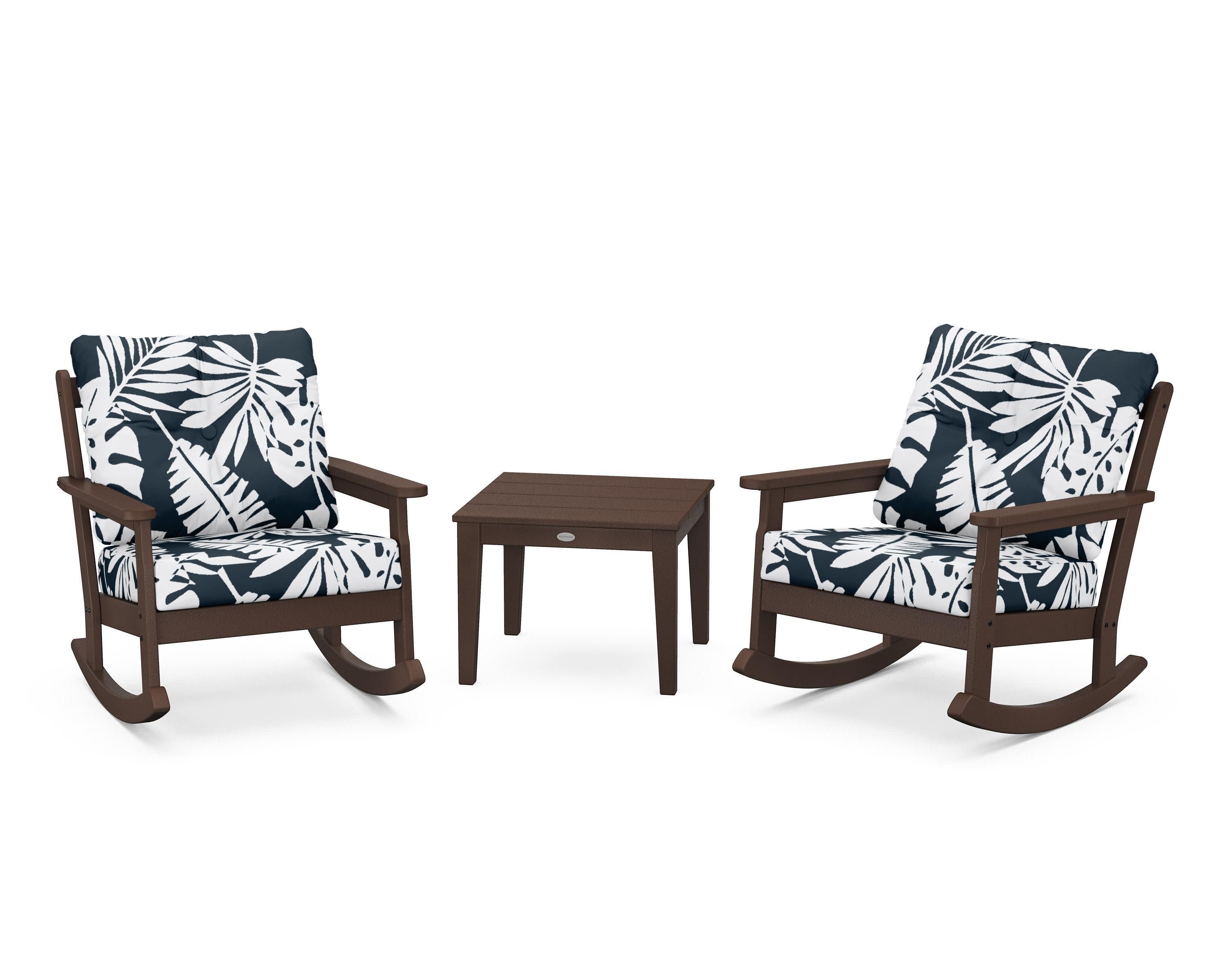 Vineyard 3-Piece Deep Seating Rocker Set in Mahogany / Leaf Marine Indigo