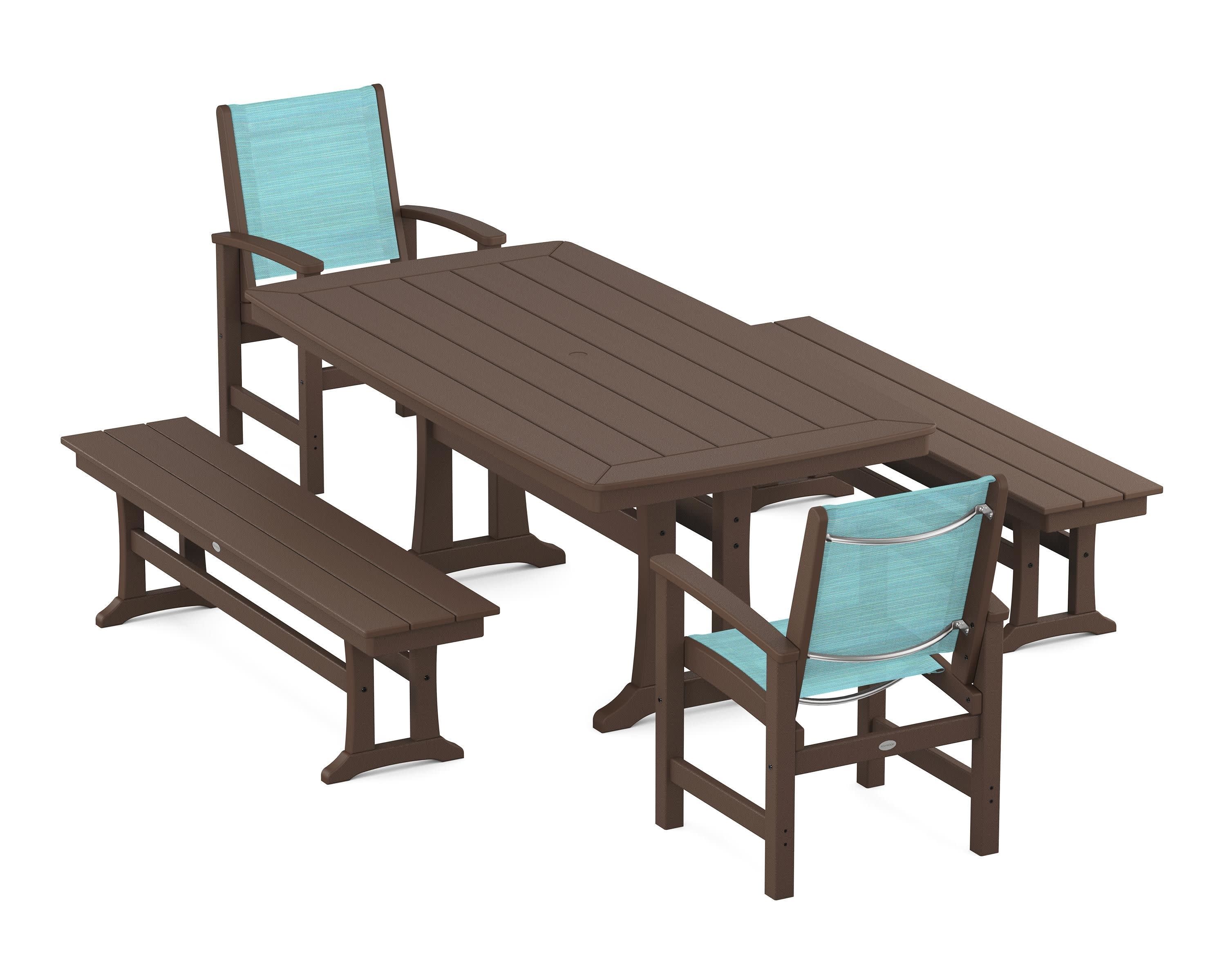Coastal 5-Piece Dining Set with Trestle Legs and Benches in Mahogany / Dupioni Aquamarine Sling