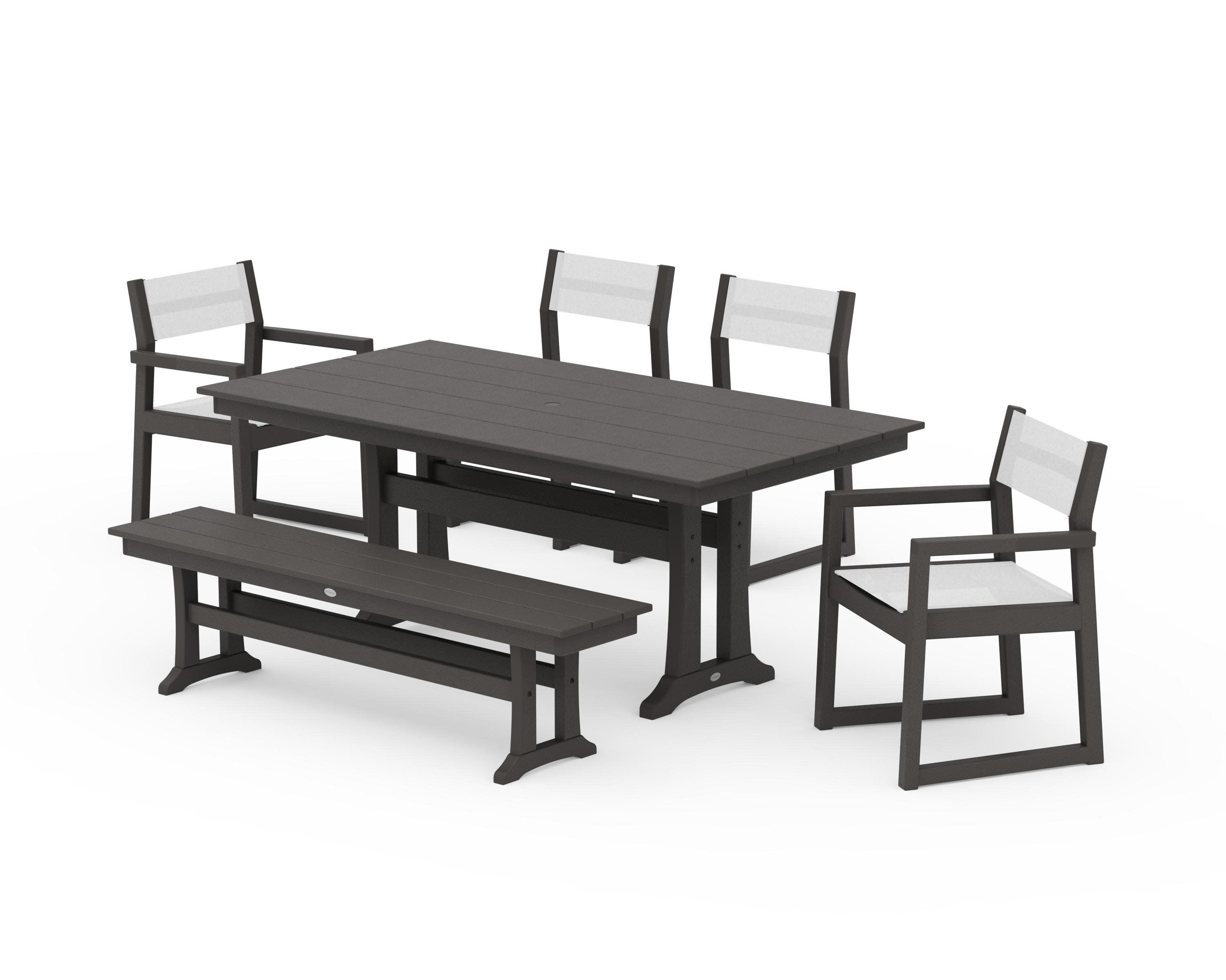 EDGE Sling 6-Piece Farmhouse Dining Set With Trestle Legs in Vintage Coffee / White Sling