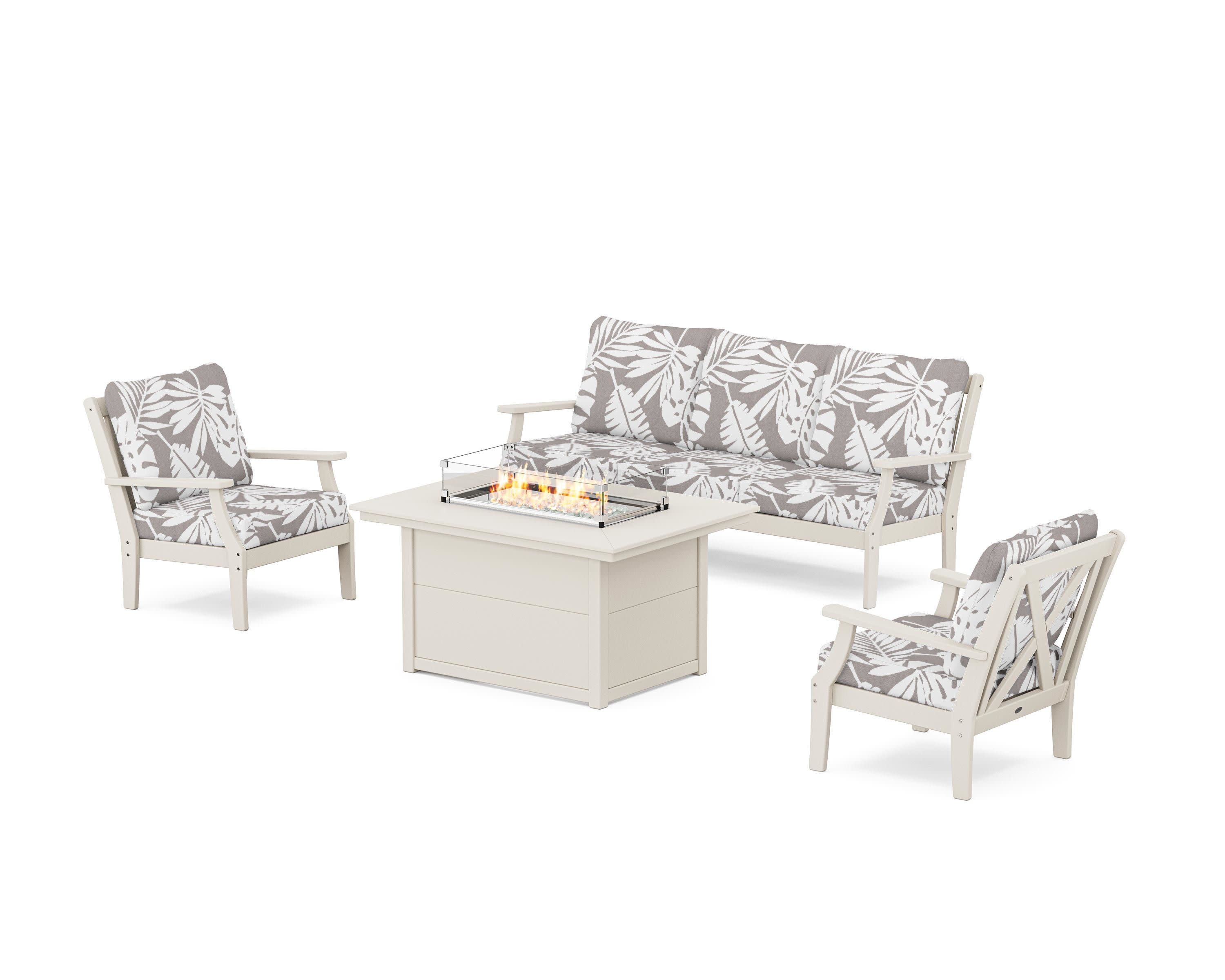 Braxton Deep Seating Fire Pit Table Set in Sand / Leaf Grey Mist