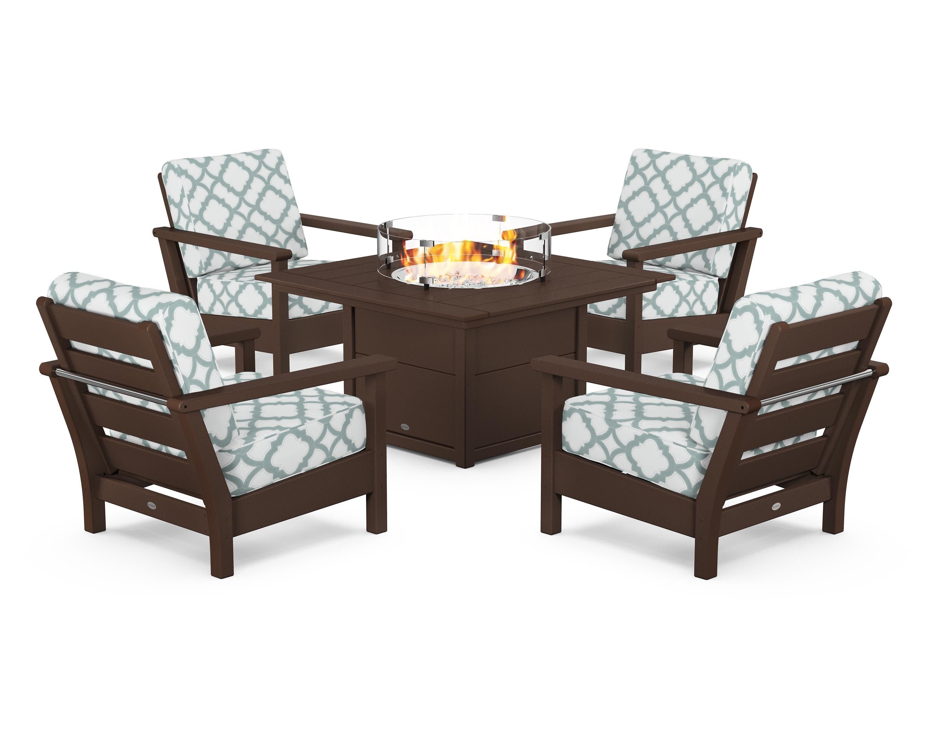 Harbour 5-Piece Conversation Set with Fire Pit Table in Mahogany / Trellis Glacier Spa