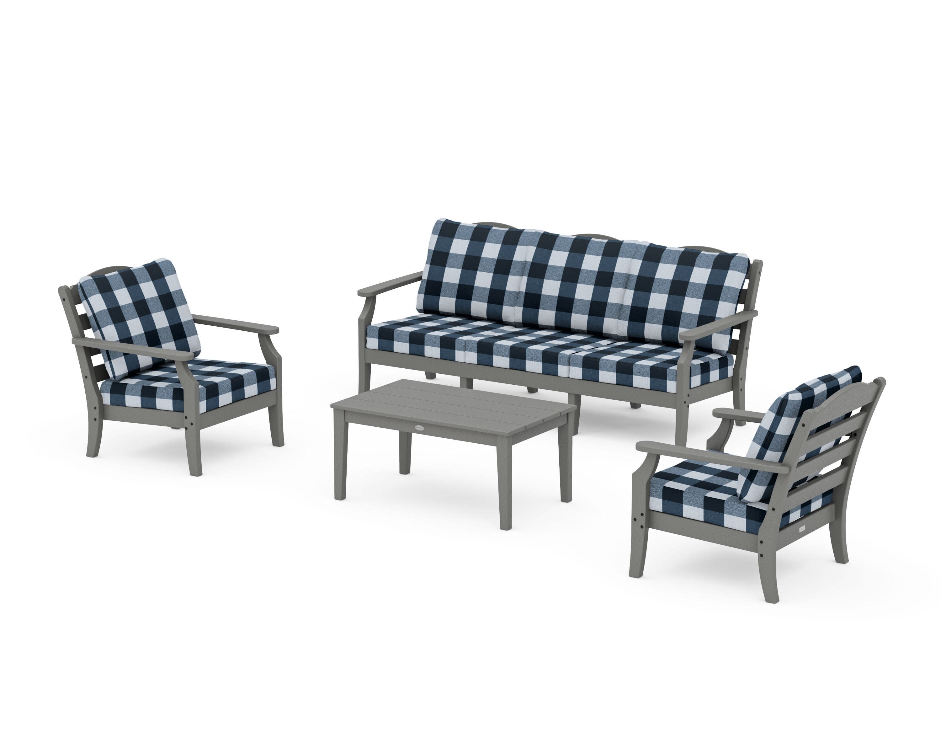 Savannah 4-Piece Deep Seating Set with Sofa in Slate Grey / Buffalo Plaid Marine Indigo