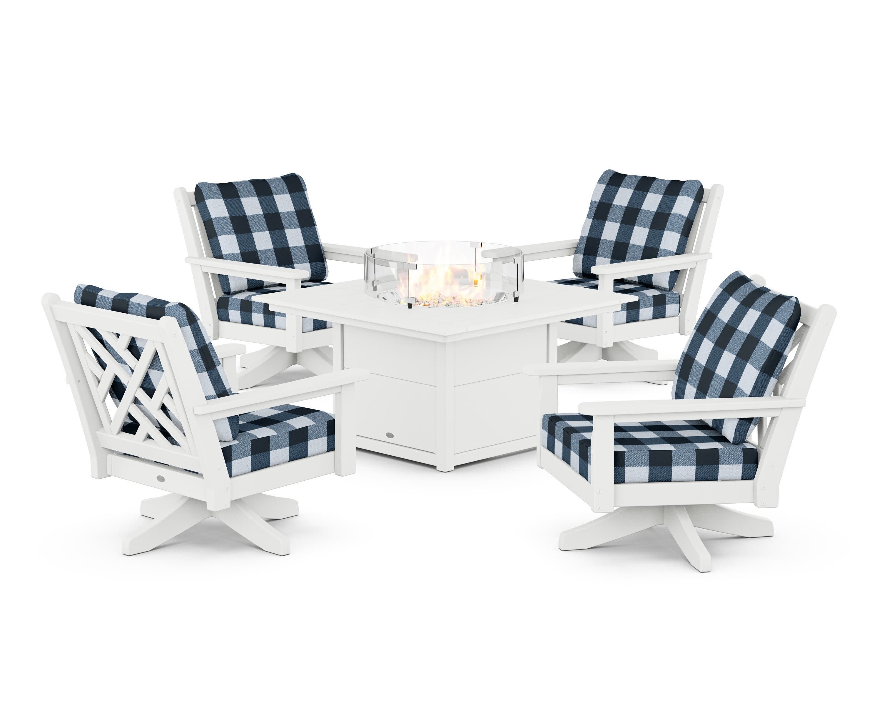 Chippendale 5-Piece Deep Seating Swivel Conversation Set with Fire Pit Table in White / Buffalo Plaid Marine Indigo