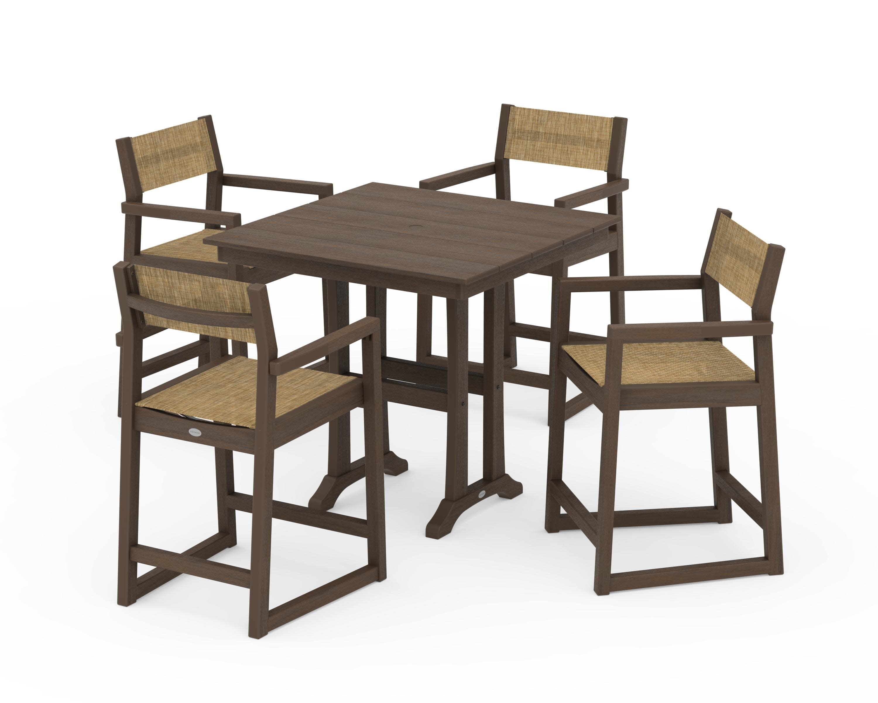 EDGE Sling Arm Chair 5-Piece Farmhouse Counter Set with Trestle Legs in Kona / Burlap Sling