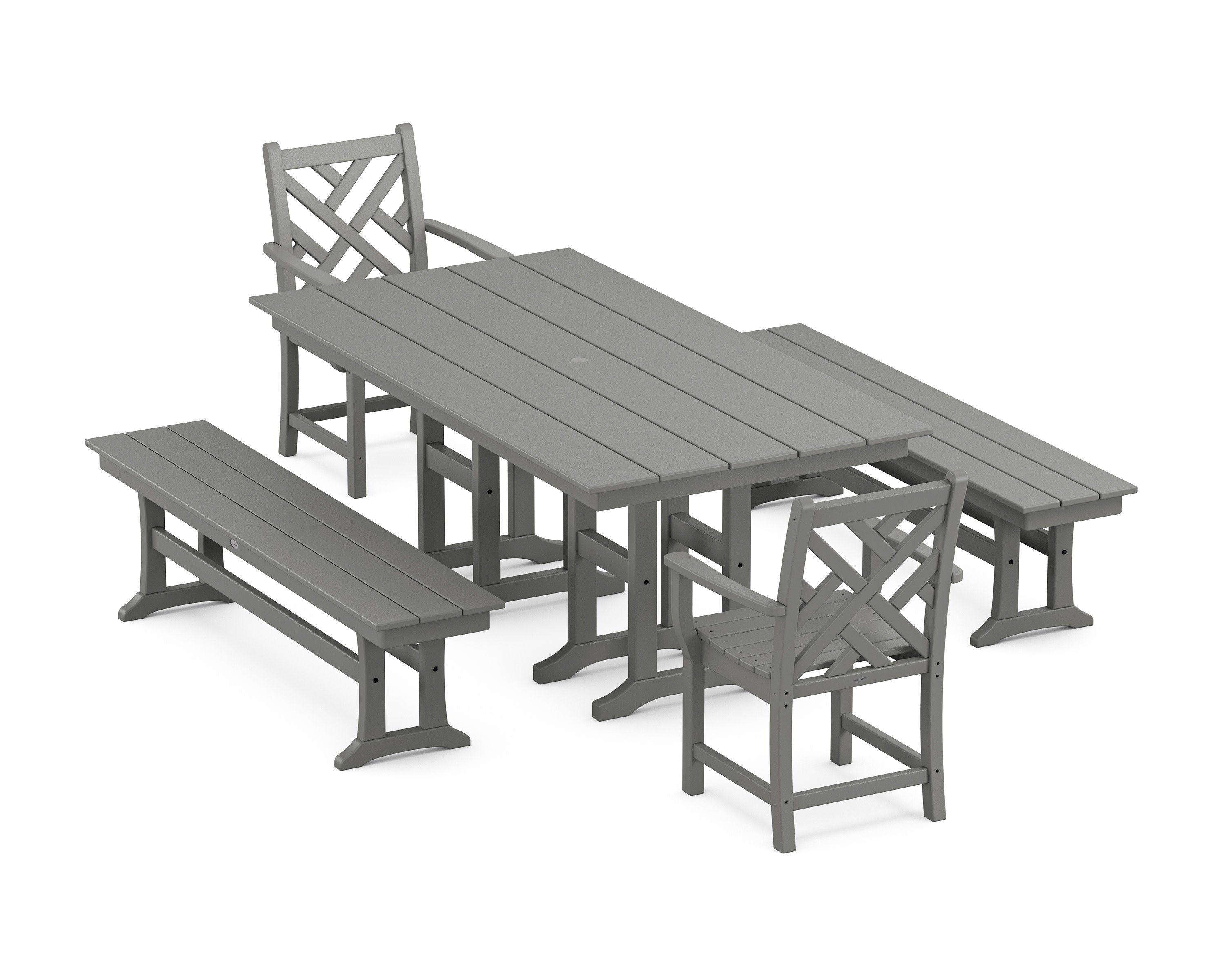 Chippendale 5-Piece Farmhouse Dining Set with Benches in Slate Grey