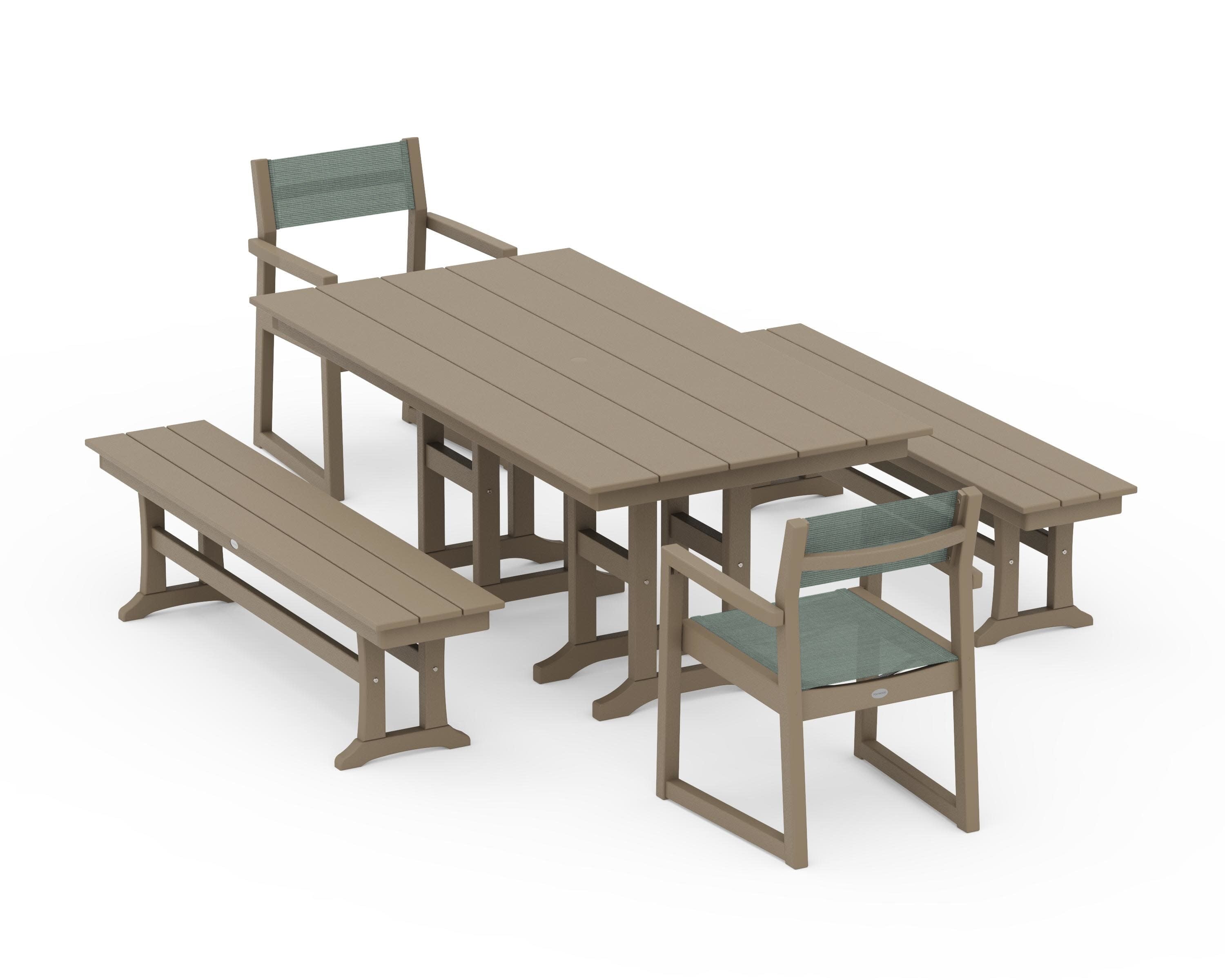 EDGE Sling Arm Chair 5-Piece Farmhouse Dining Set with Benches in Vintage Sahara / Dupioni Sea Mist Sling