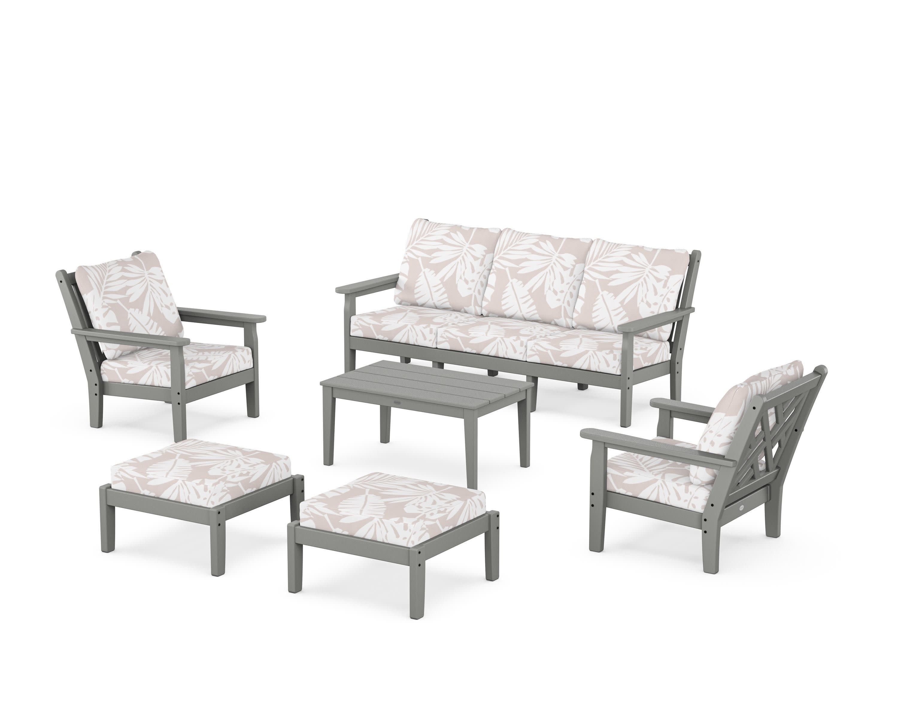 Chippendale 6-Piece Lounge Sofa Set in Slate Grey / Leaf Dune Burlap