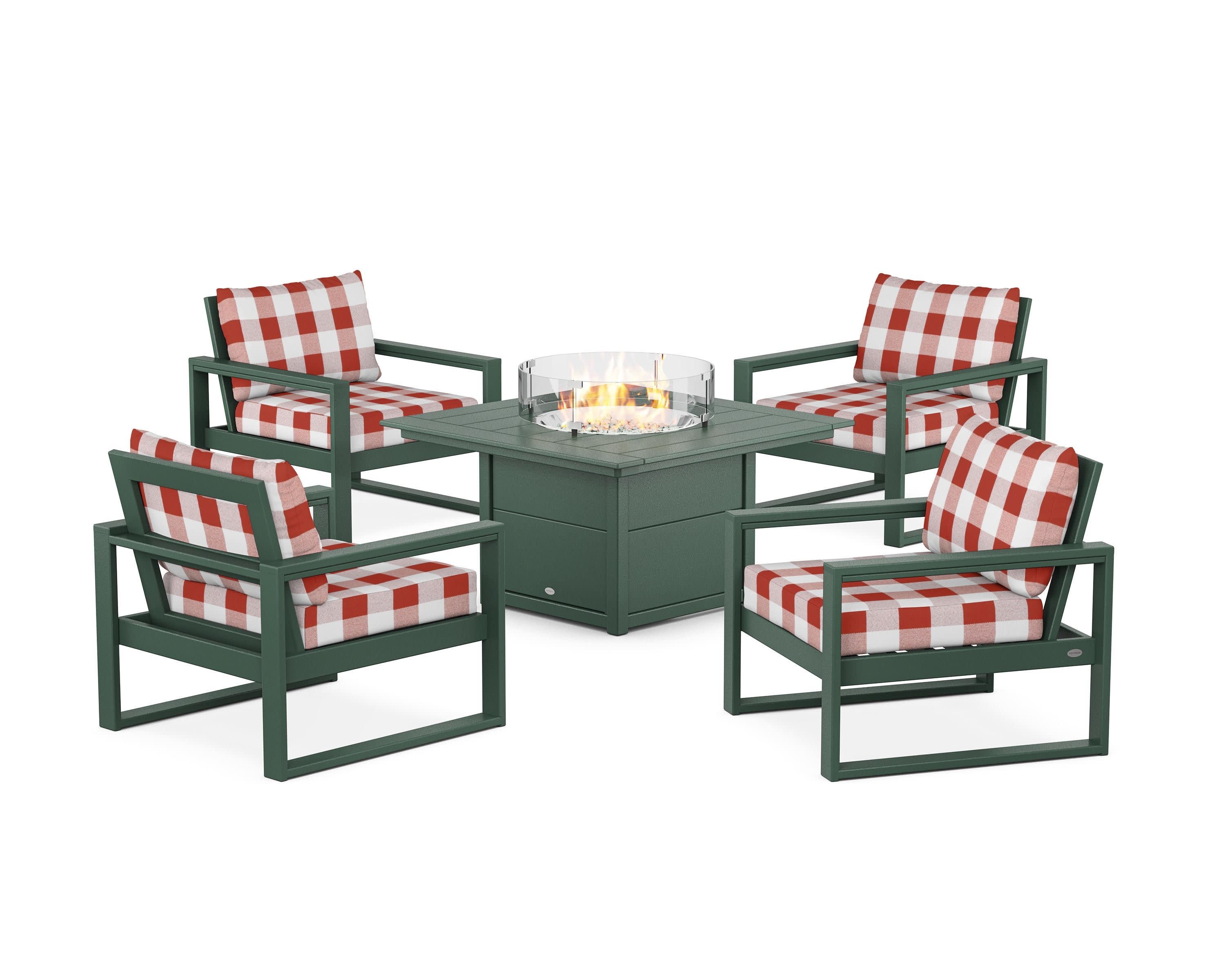 EDGE Sectional 5-Piece Deep Seating Set with Fire Pit Table in Green / Buffalo Plaid Crimson