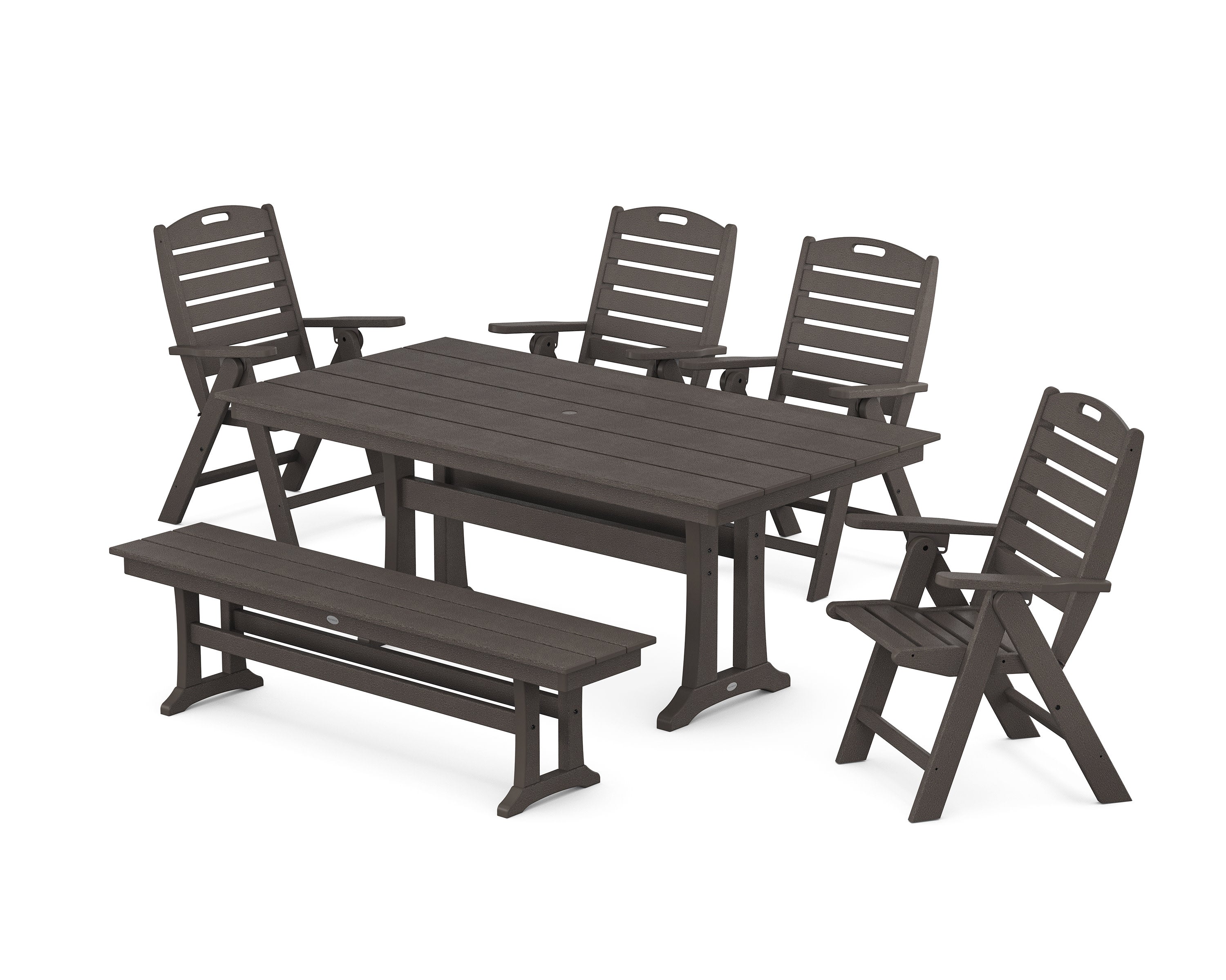 Nautical Highback 6-Piece Farmhouse Dining Set with Trestle Legs and Bench in Vintage Coffee
