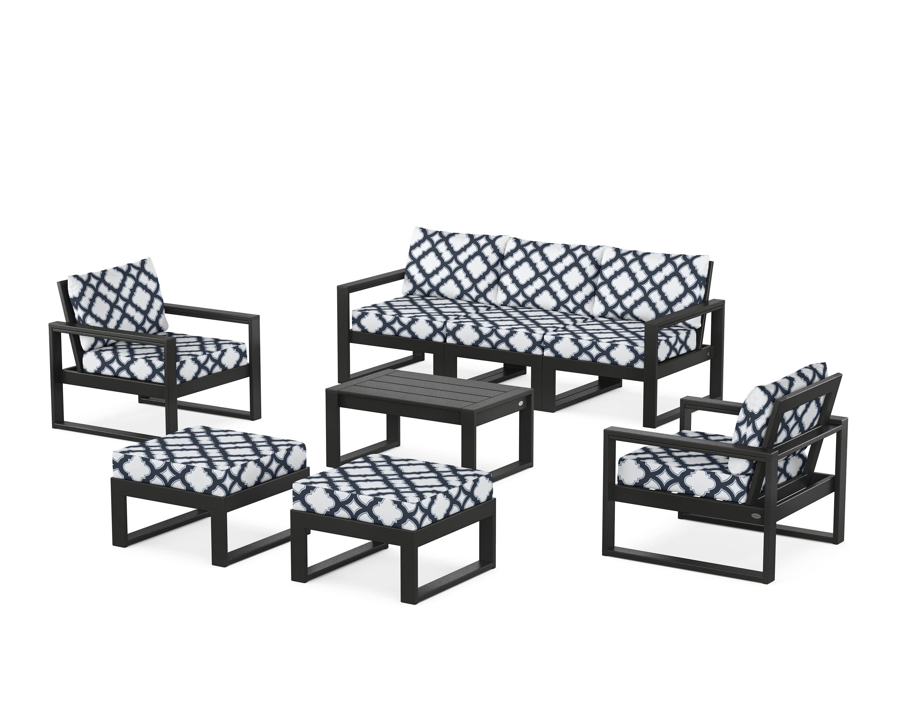 EDGE Sectional 8-Piece Lounge Sofa Set in Black / Trellis Marine Indigo