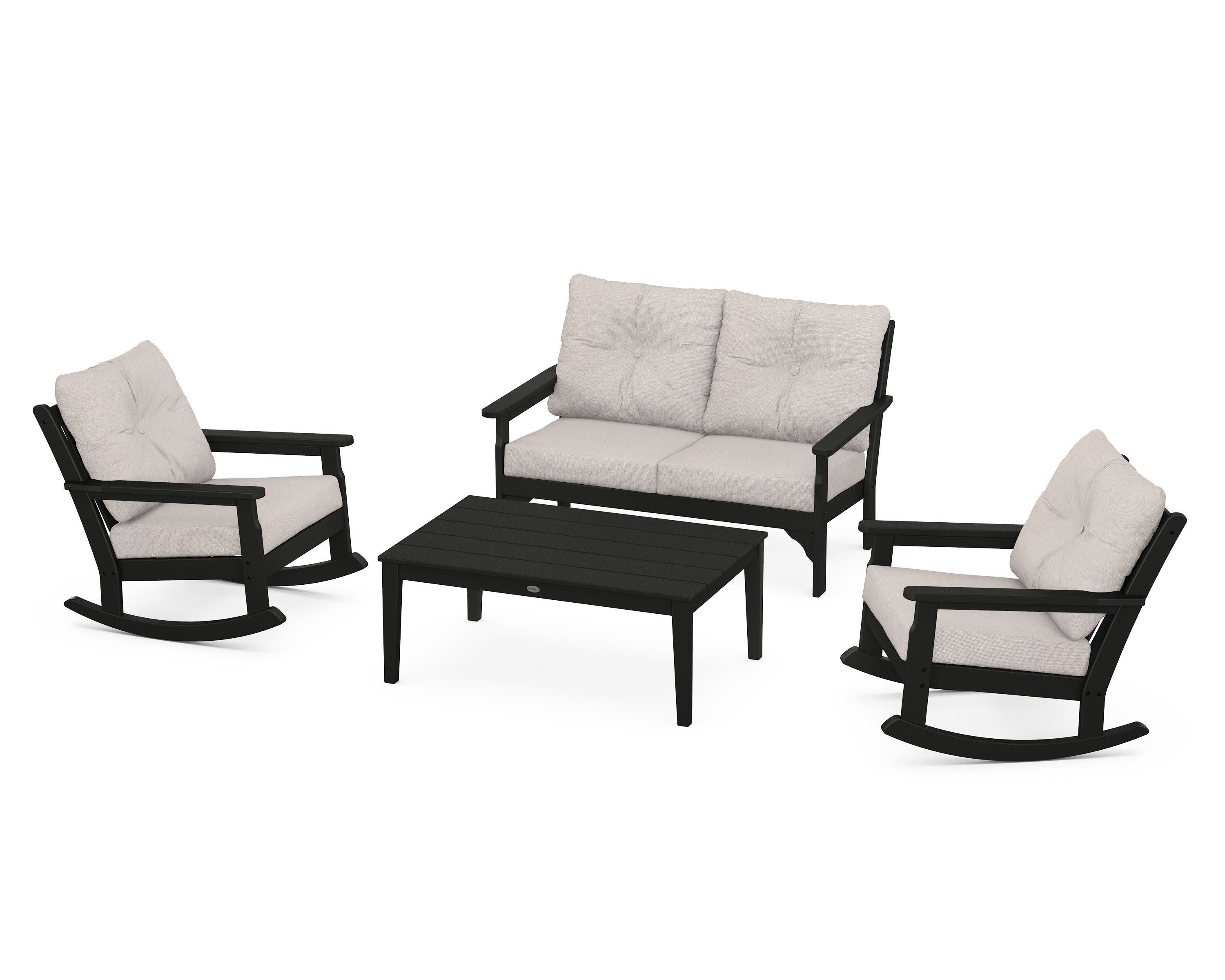 Vineyard 4-Piece Deep Seating Rocking Chair Set in Black / Dune Burlap