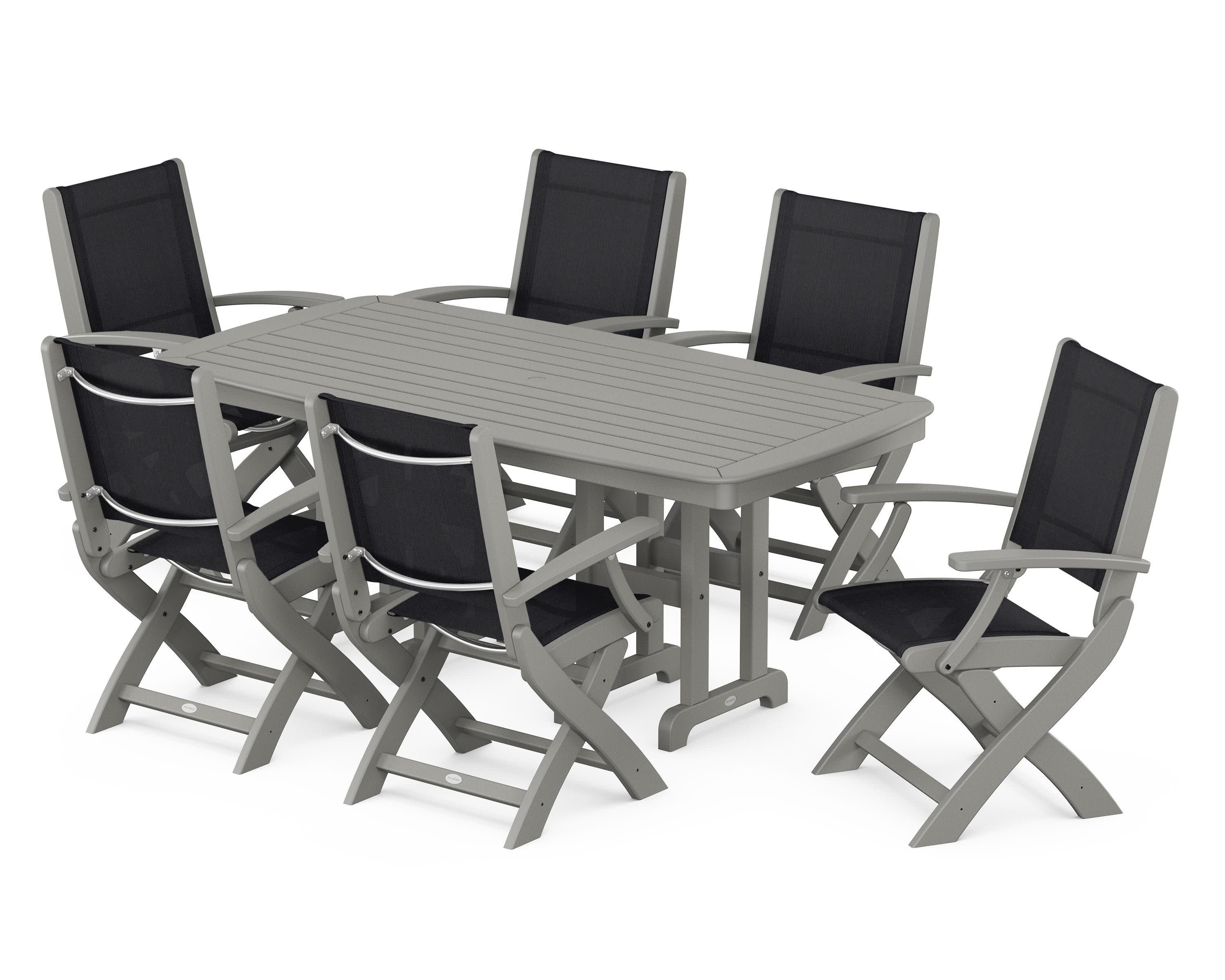 Coastal Folding Arm Chair 7-Piece Dining Set in Slate Grey / Black Sling