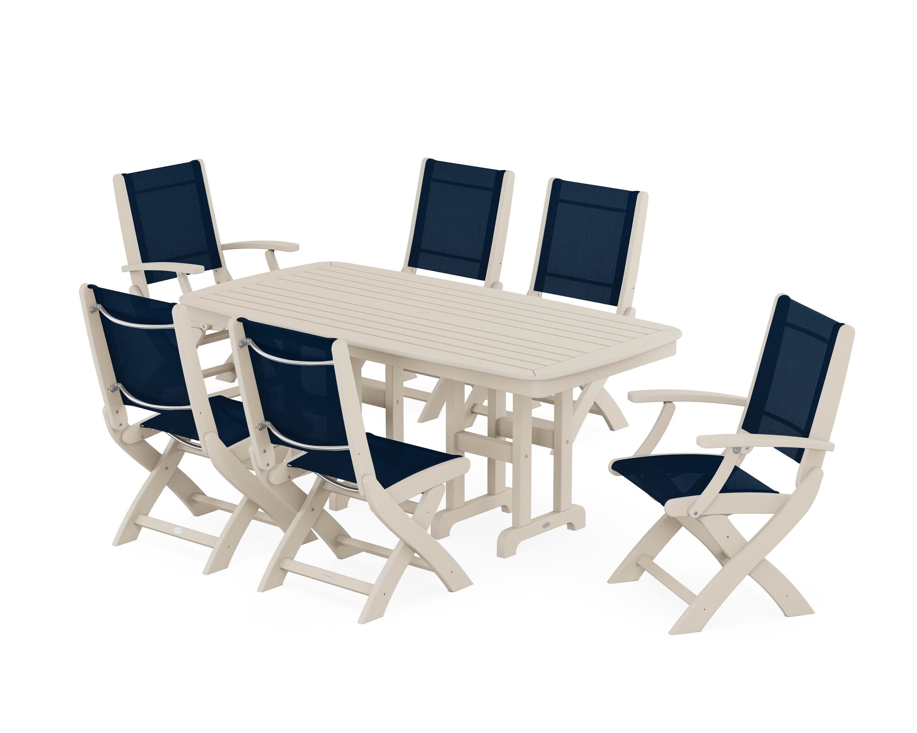 Coastal Folding Chair 7-Piece Dining Set in Sand / Navy Blue Sling