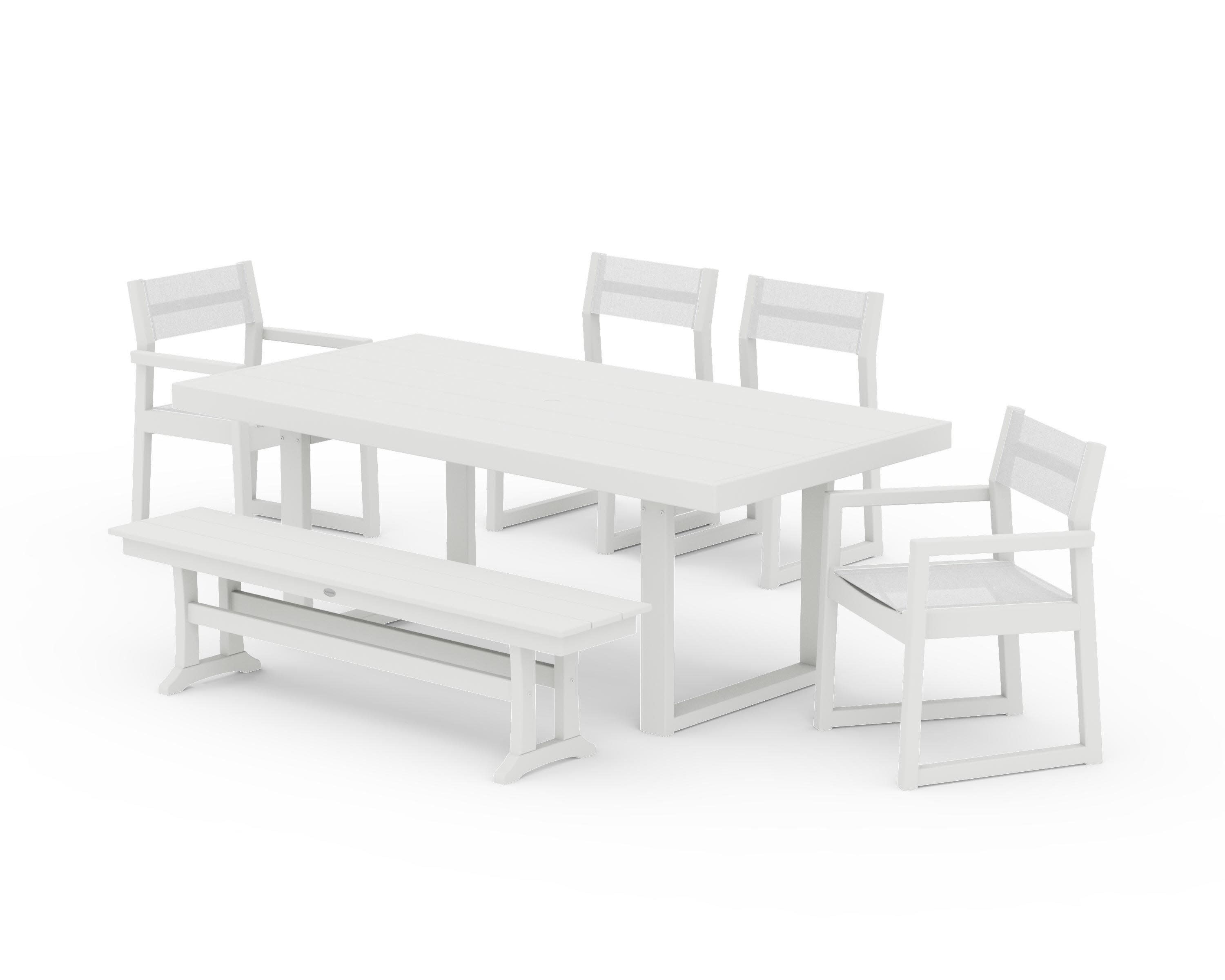 EDGE Sling 6-Piece Dining Set with Bench in Vintage White / White Sling