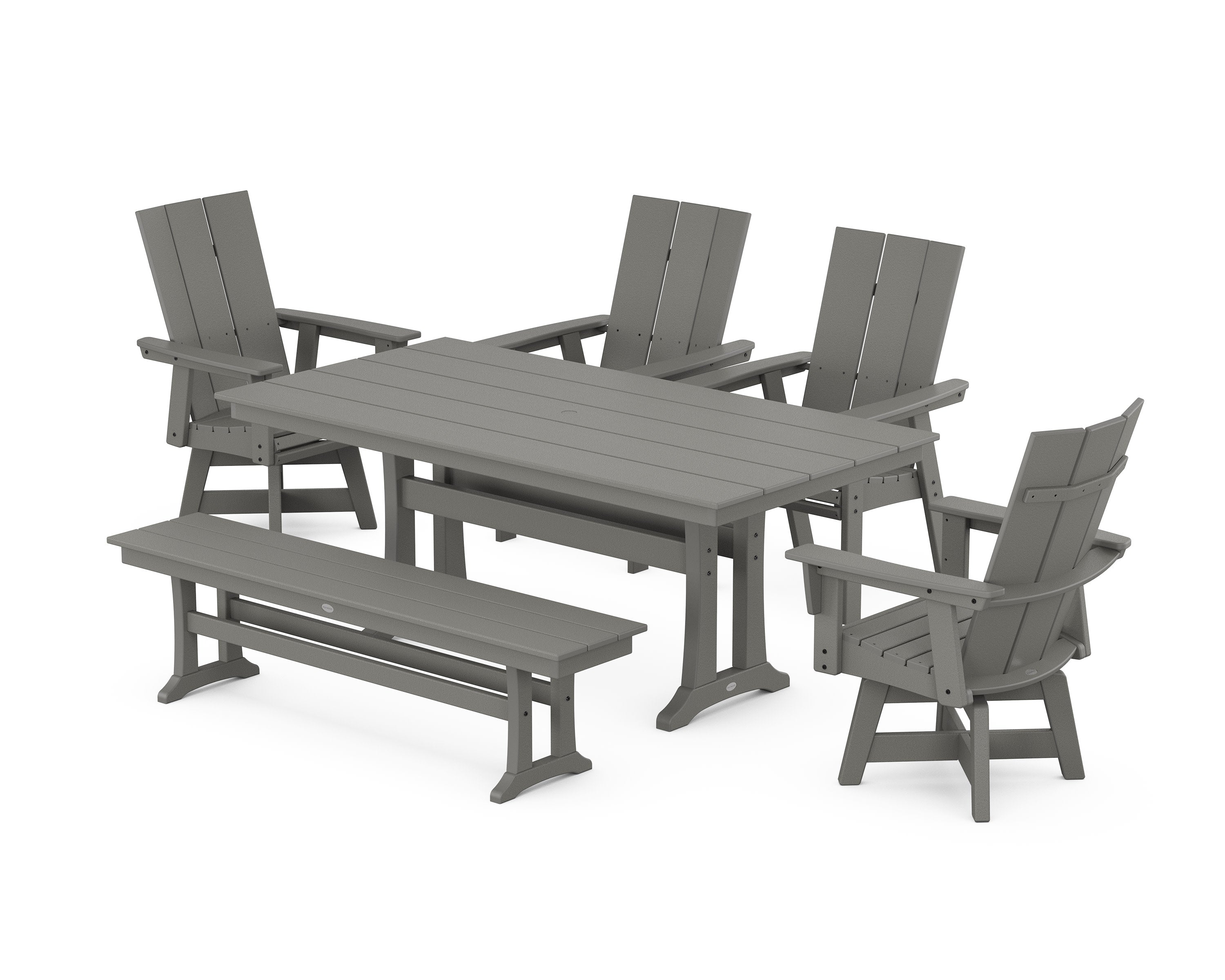 Modern Curveback Adirondack Swivel Chair 6-Piece Farmhouse Dining Set With Trestle Legs and Bench in Slate Grey