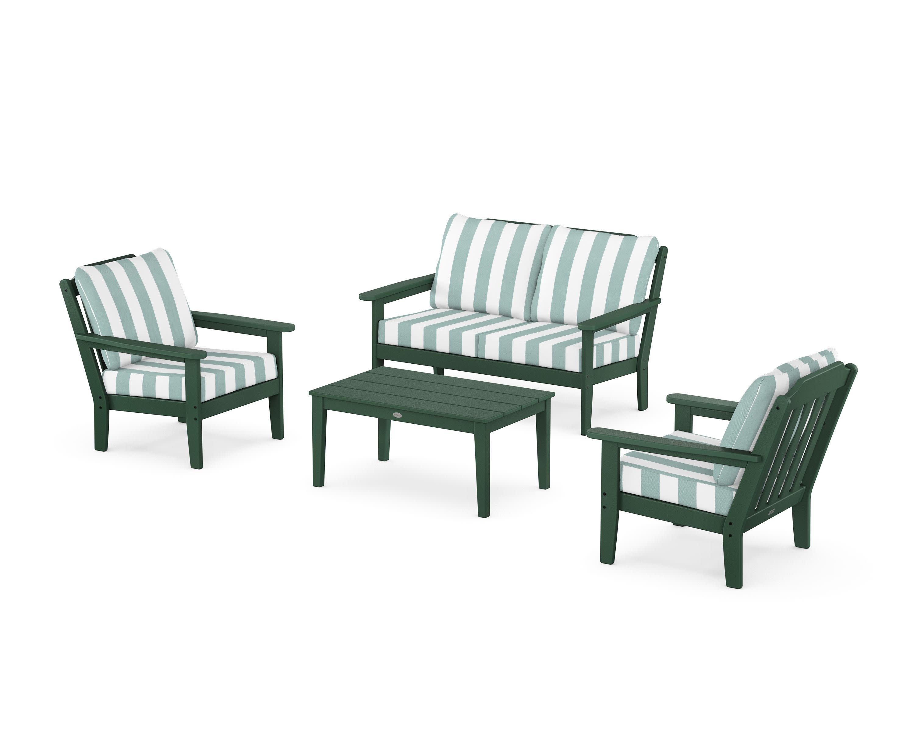 Cottage 4-Piece Deep Seating Set with Loveseat in Green / Cabana Stripe Glacier Spa