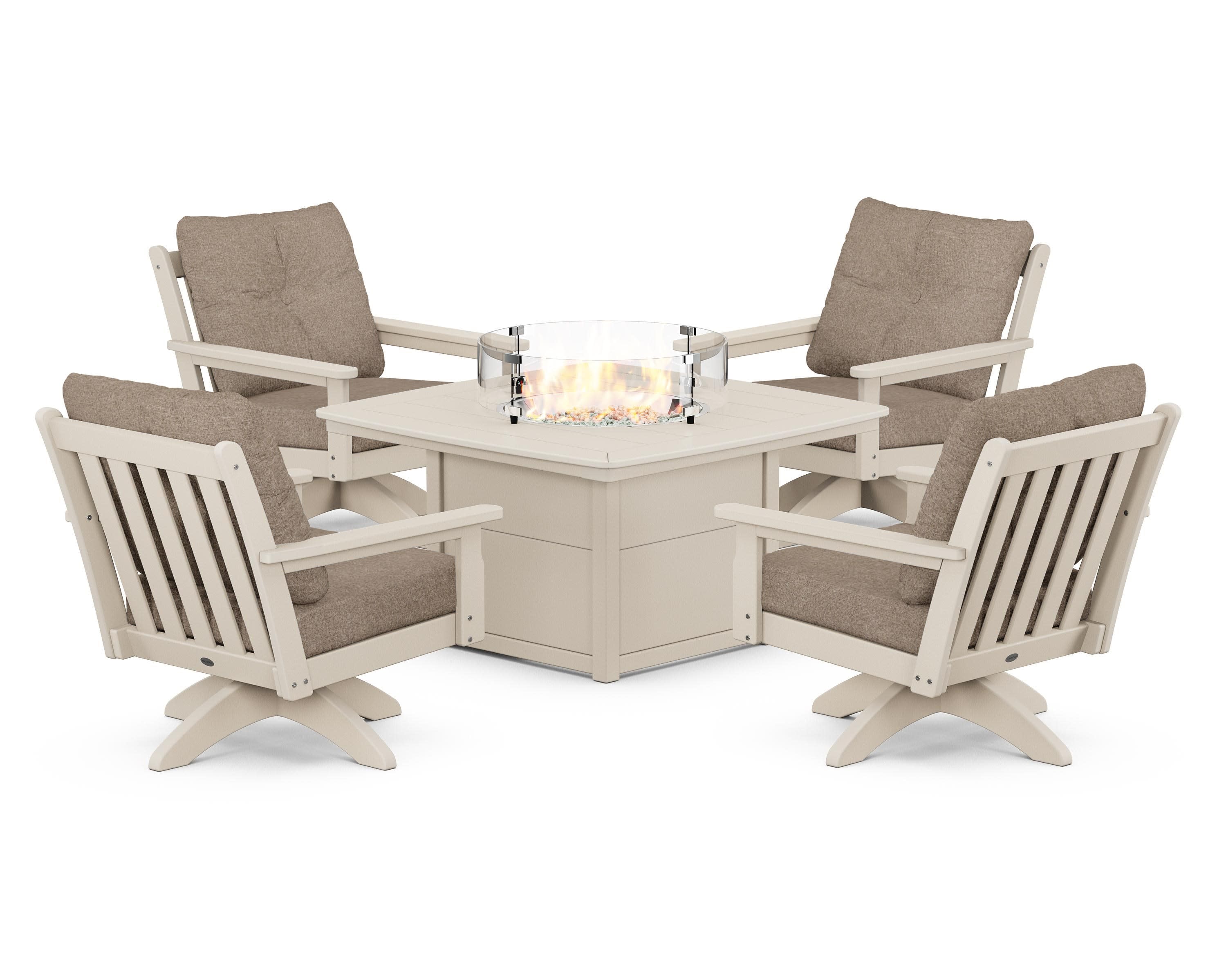 Vineyard 5-Piece Deep Seating Swivel Conversation Set with Fire Pit Table in Sand / Spiced Burlap