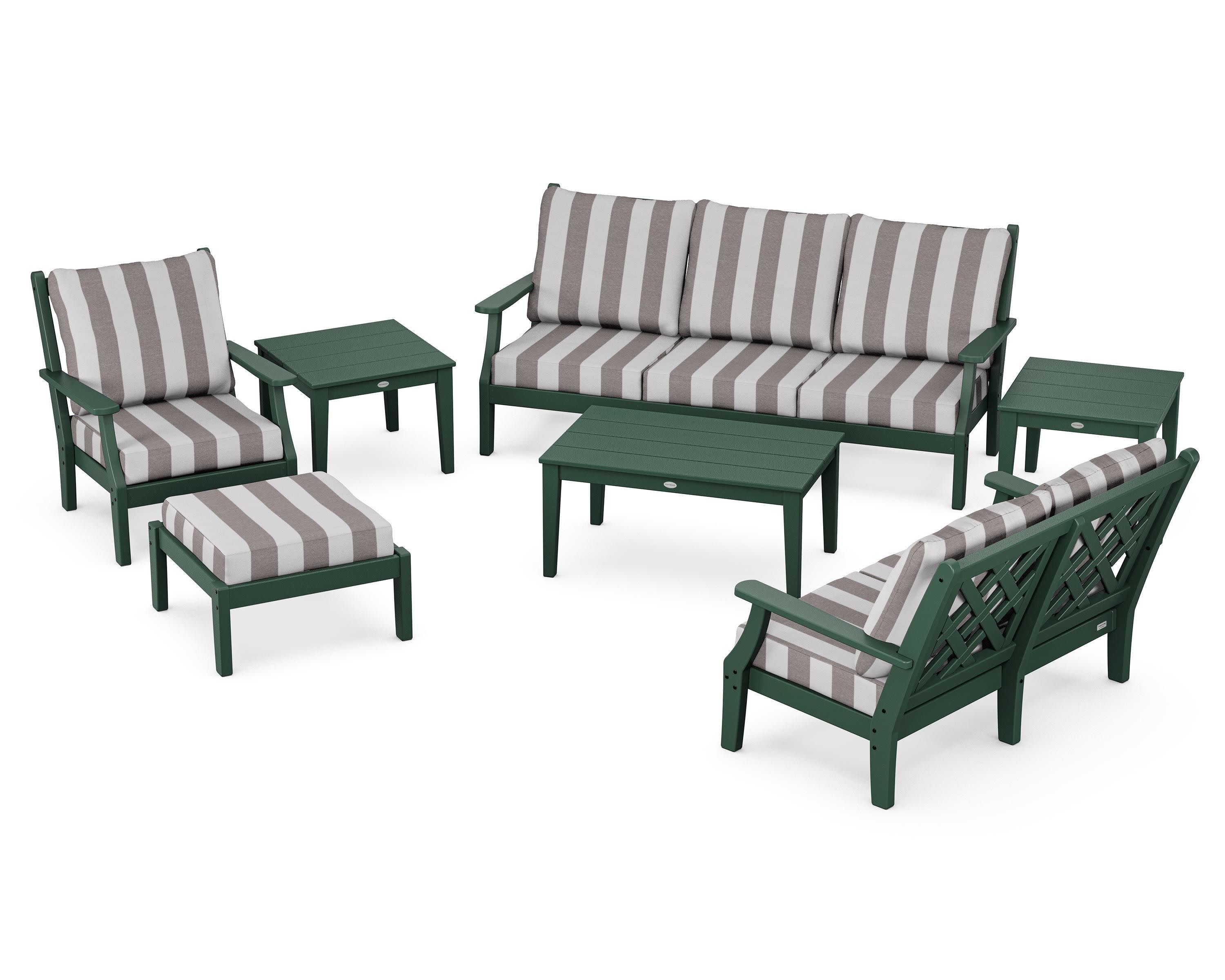 Wovendale 7-Piece Deep Seating Set in Green / Cabana Stripe Grey Mist