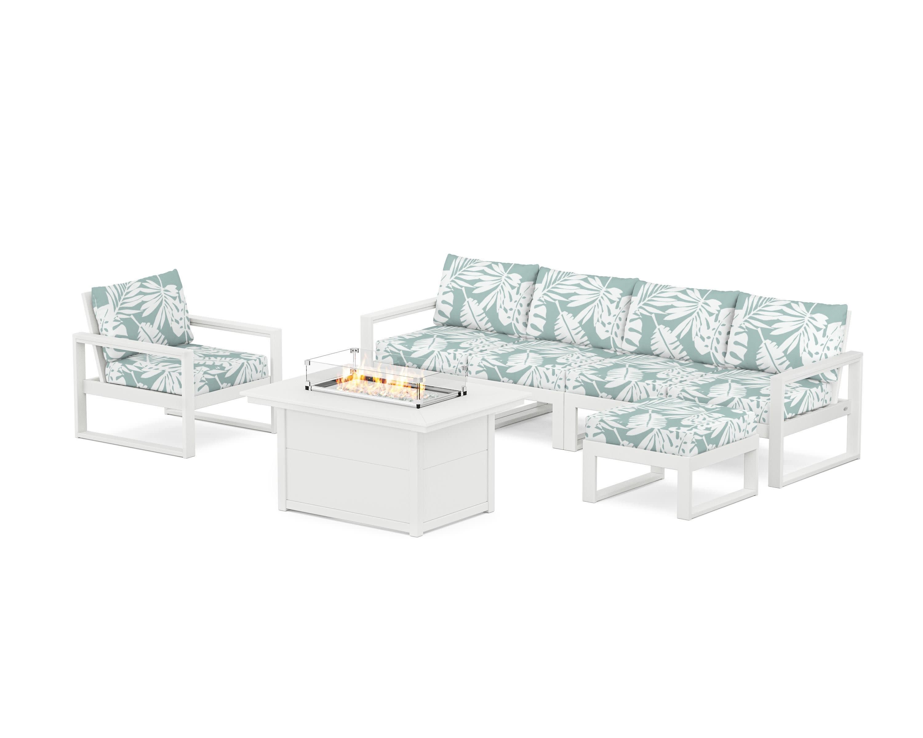 EDGE Sectional Lounge and Fire Pit Set in White / Leaf Glacier Spa