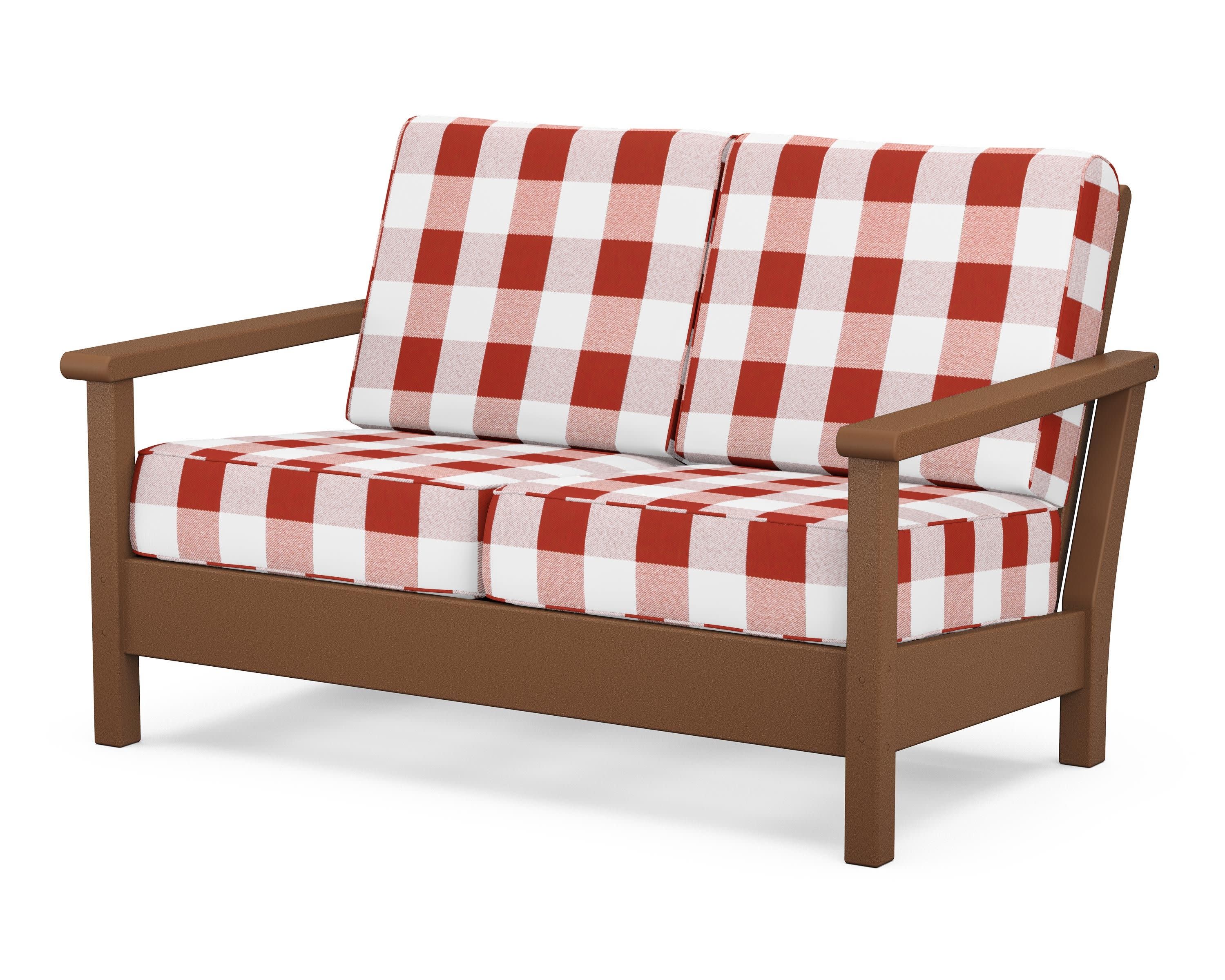 Harbour Deep Seating Loveseat in Teak / Buffalo Plaid Crimson