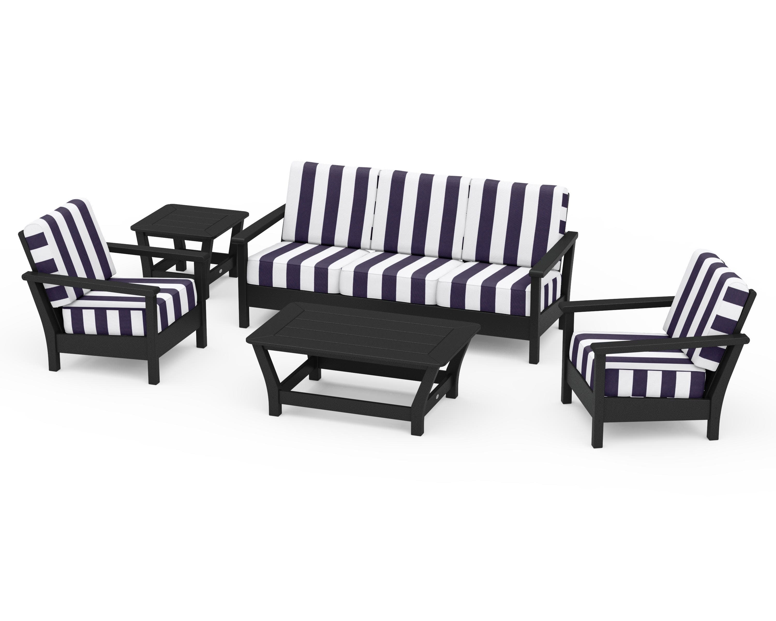 Harbour 5-Piece Deep Seating Set in Black / Cabana Stripe Navy