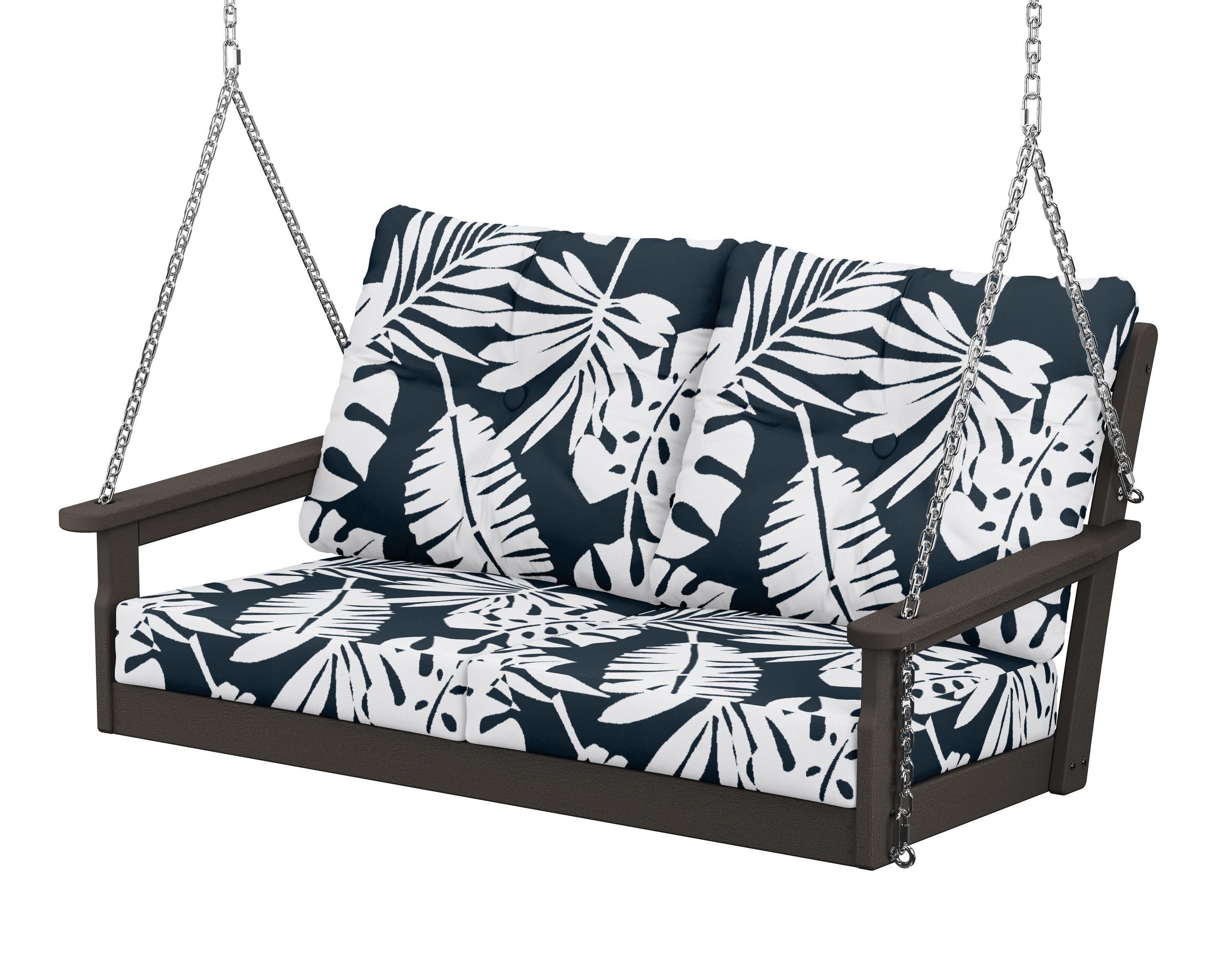 Vineyard Deep Seating Swing in Vintage Coffee / Leaf Marine Indigo