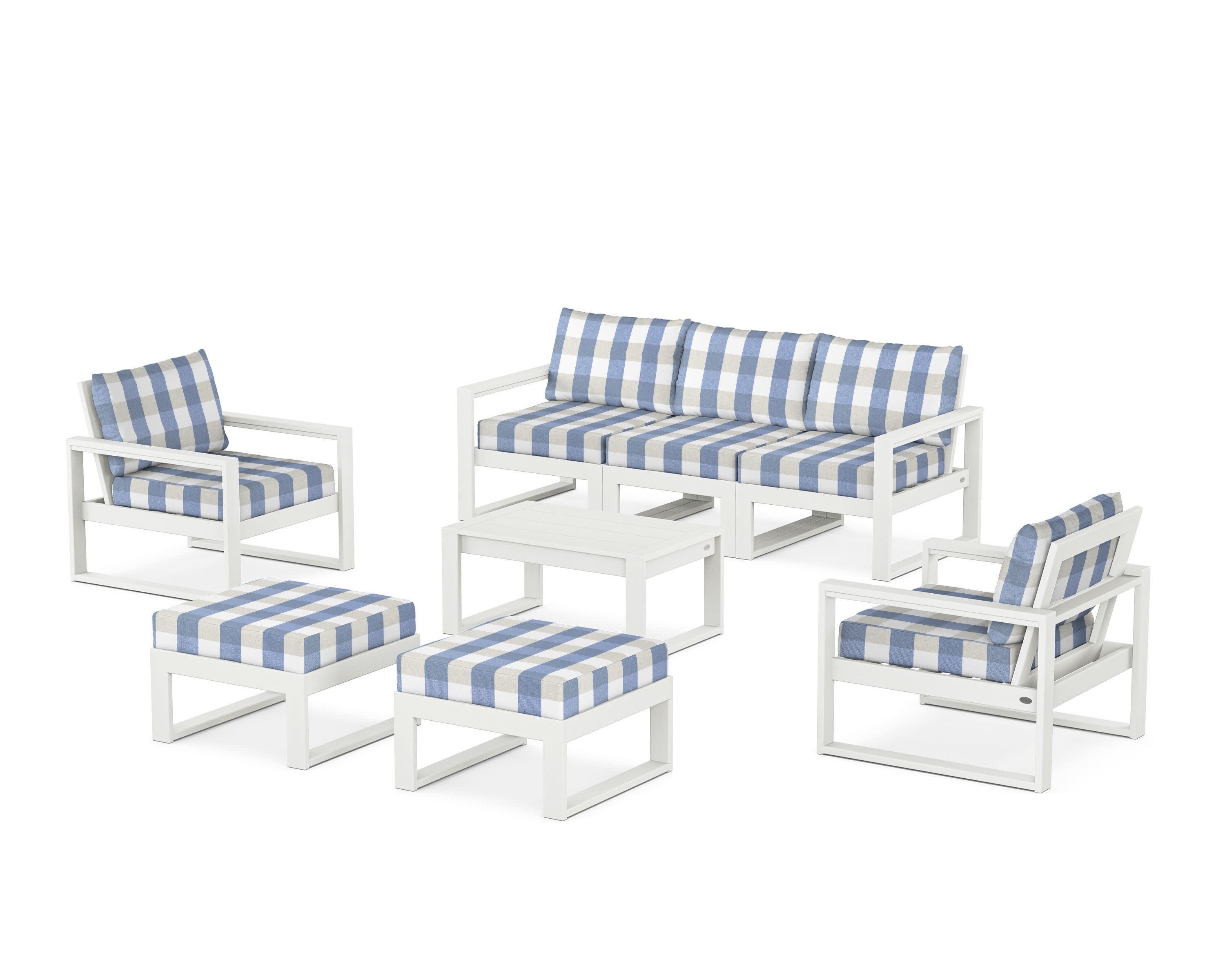 EDGE Sectional 8-Piece Lounge Sofa Set in Vintage White / Buffalo Plaid Sky Blue
