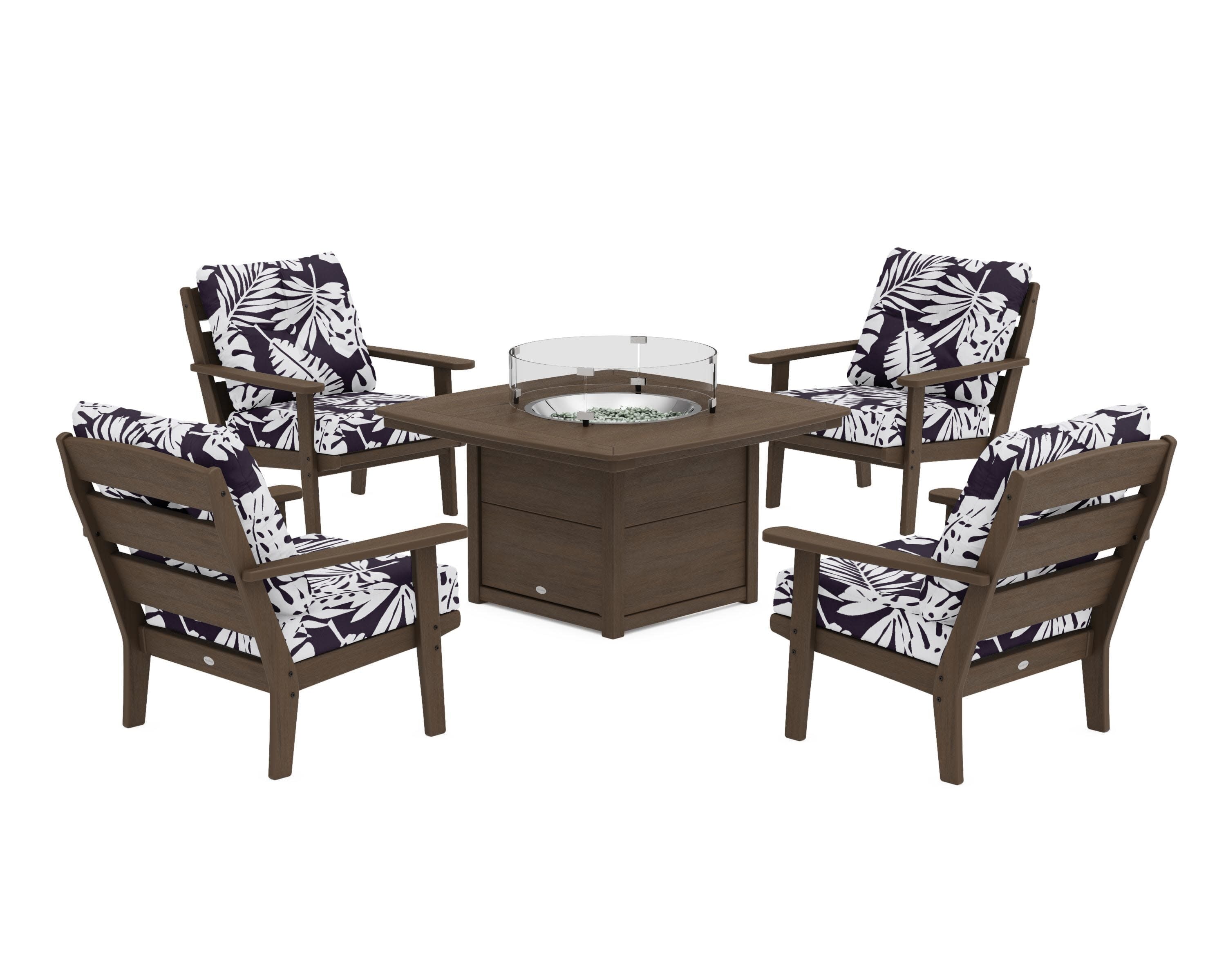 Lakeside 5-Piece Deep Seating Set with Nautical Fire Pit Table in Kona / Leaf Navy