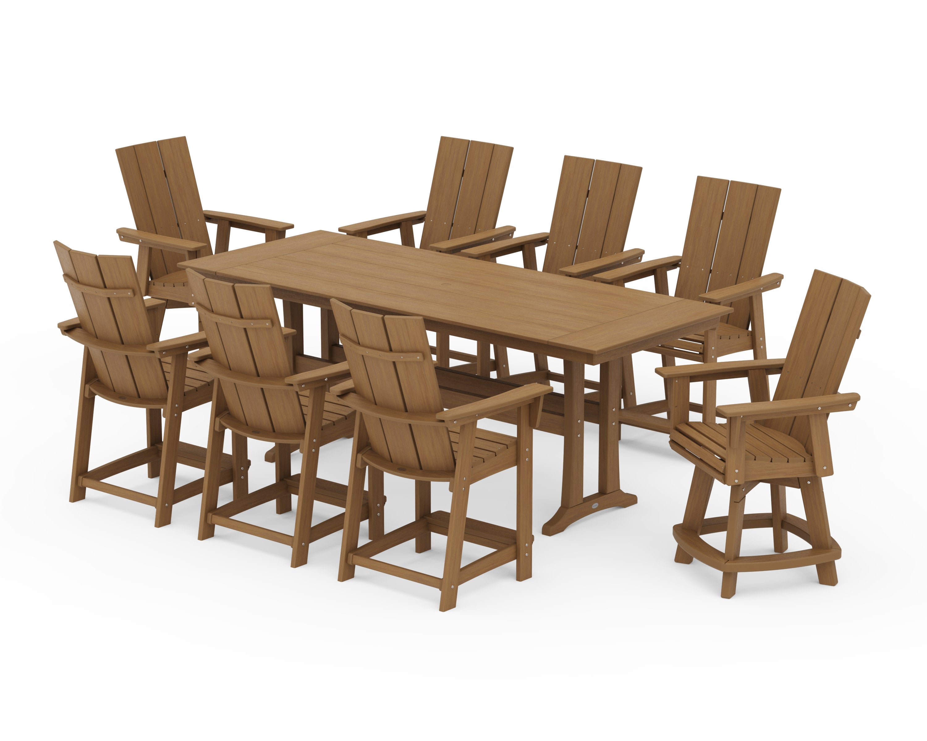 Modern Curveback Adirondack Swivel 9-Piece Farmhouse Counter Set with Trestle Legs in Natural