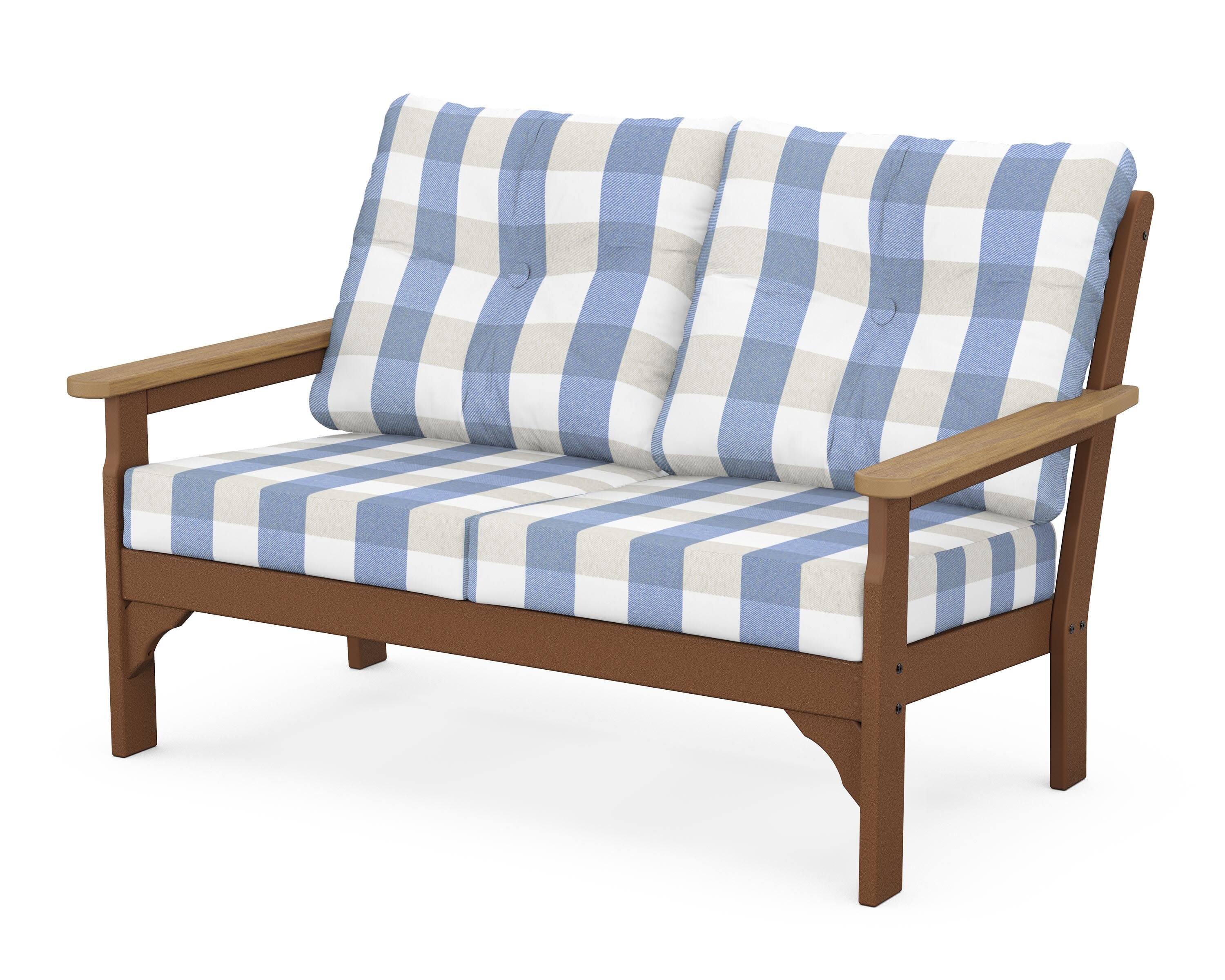 Vineyard Deep Seating Loveseat in Teak / Natural / Buffalo Plaid Sky Blue