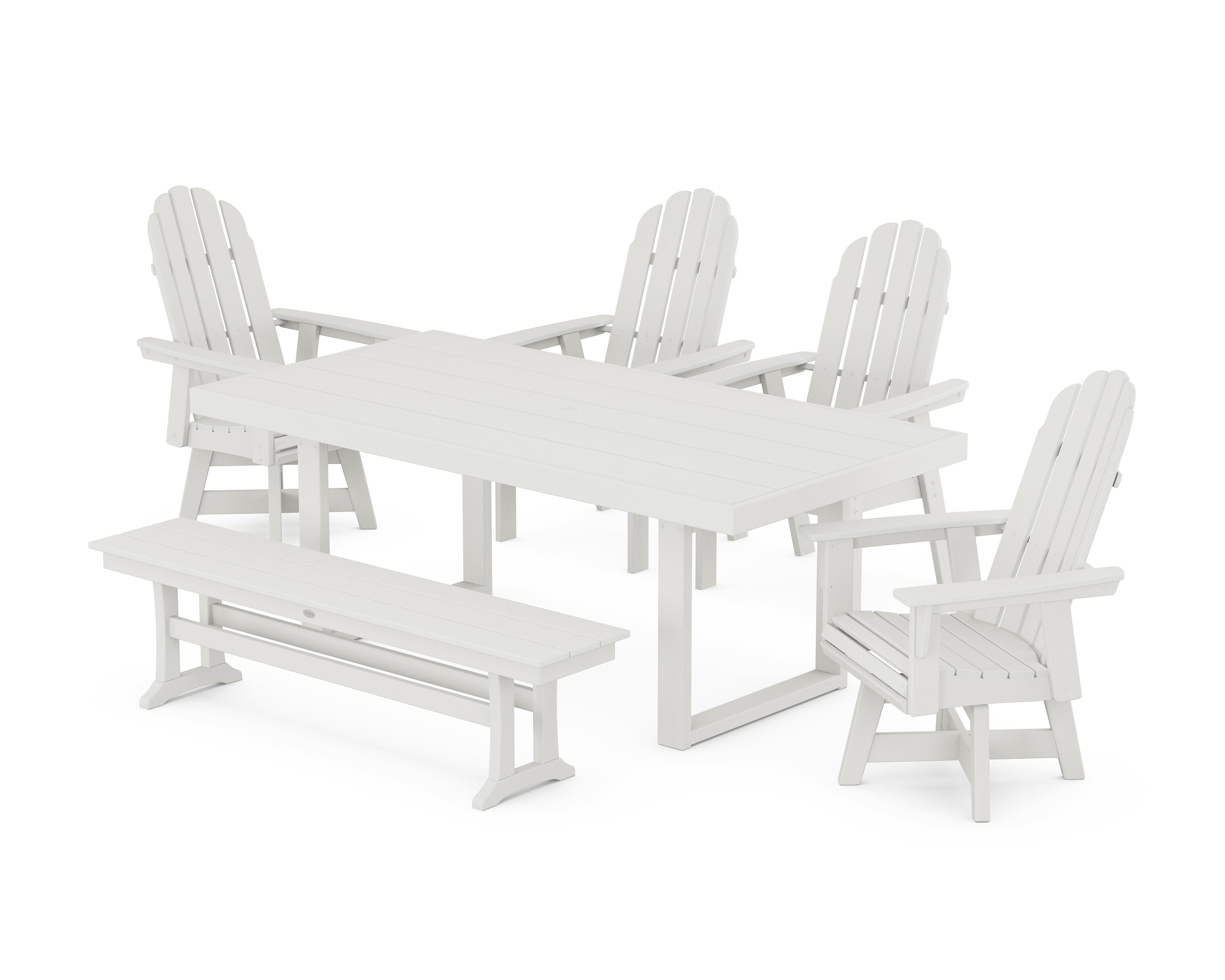 Vineyard Curveback Adirondack Swivel Chair 6-Piece Dining Set with Bench in Vintage White