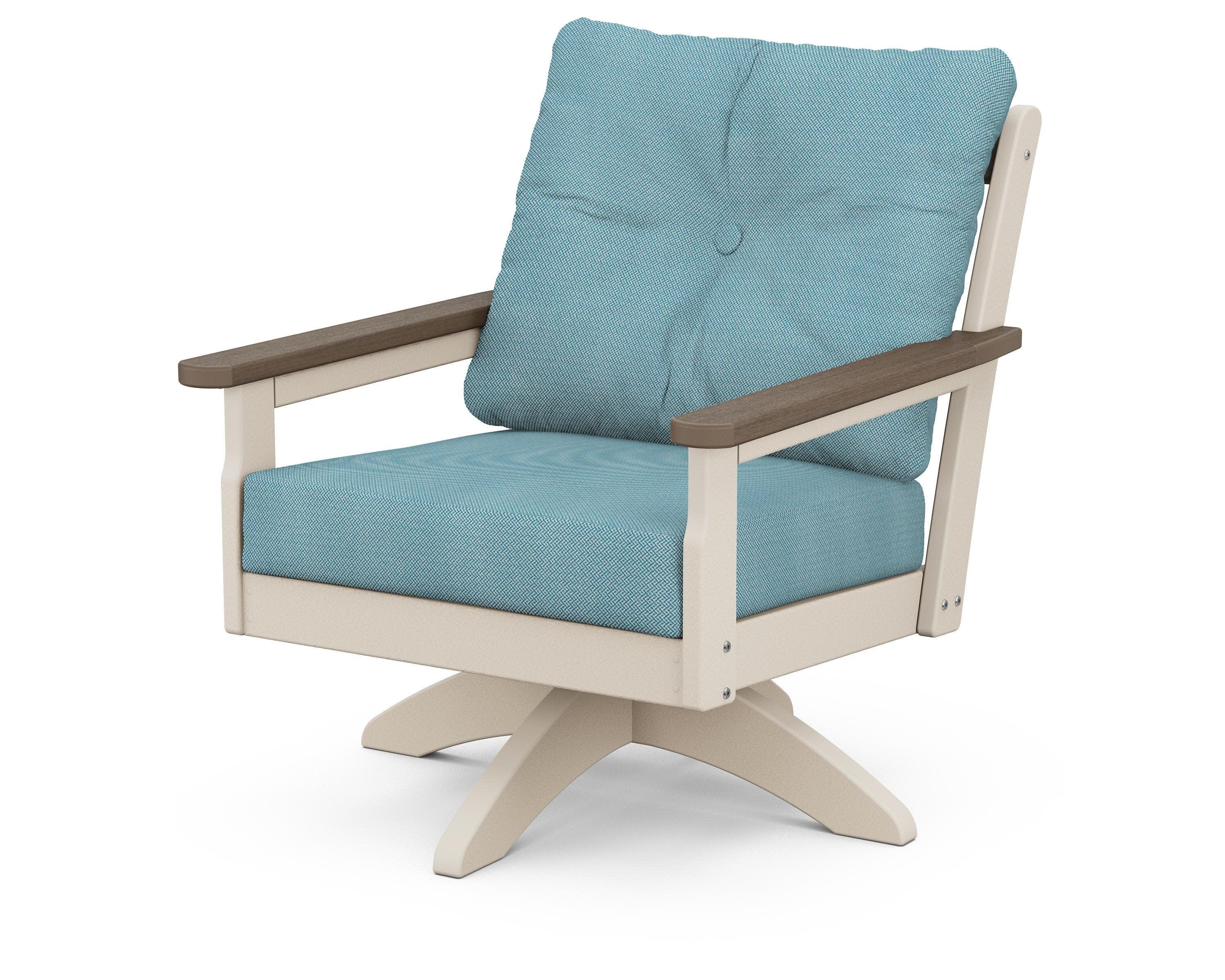 Vineyard Deep Seating Swivel Chair in Sand / Kona / Lattice Sky Blue