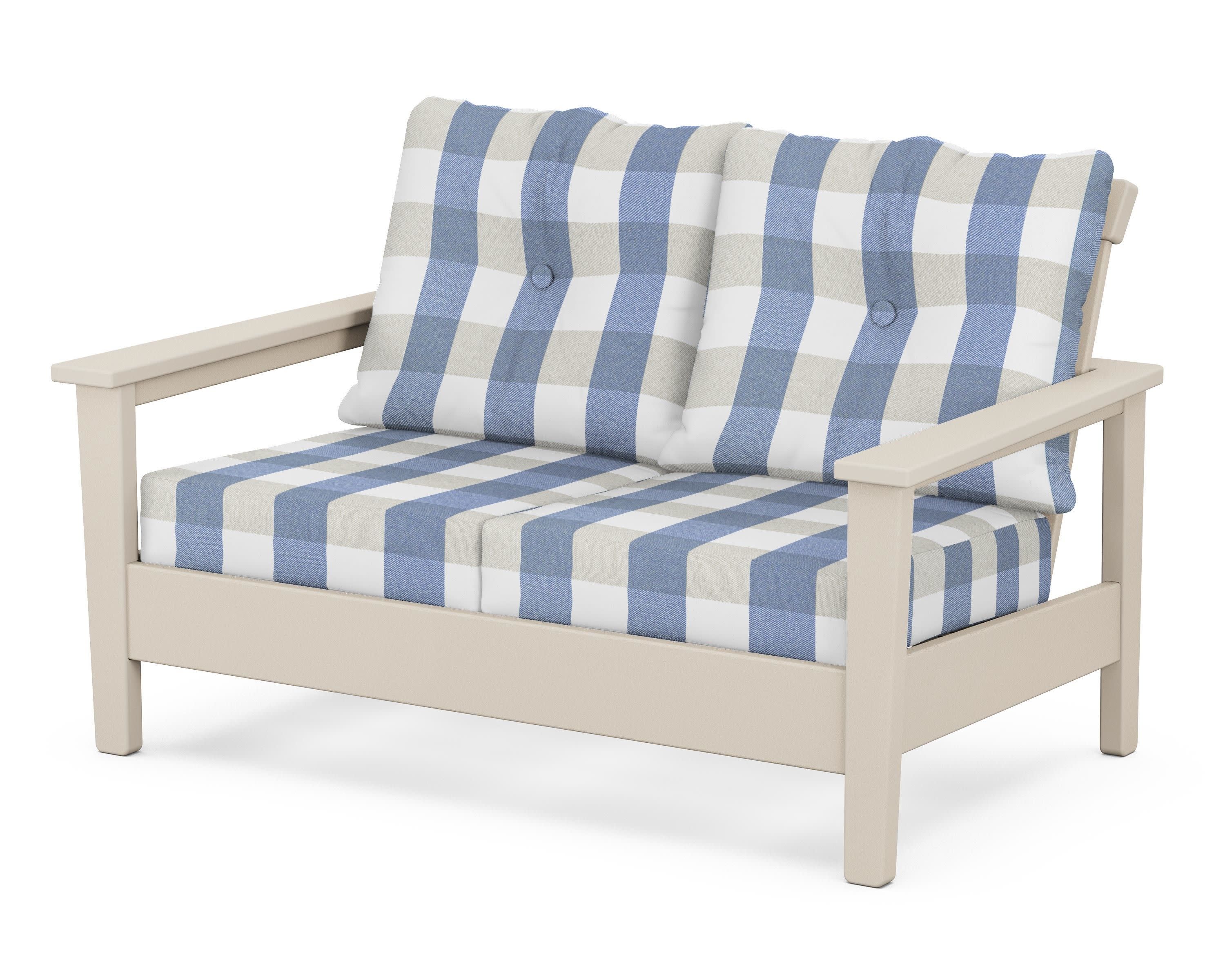 Prescott Deep Seating Loveseat in Sand / Buffalo Plaid Sky Blue
