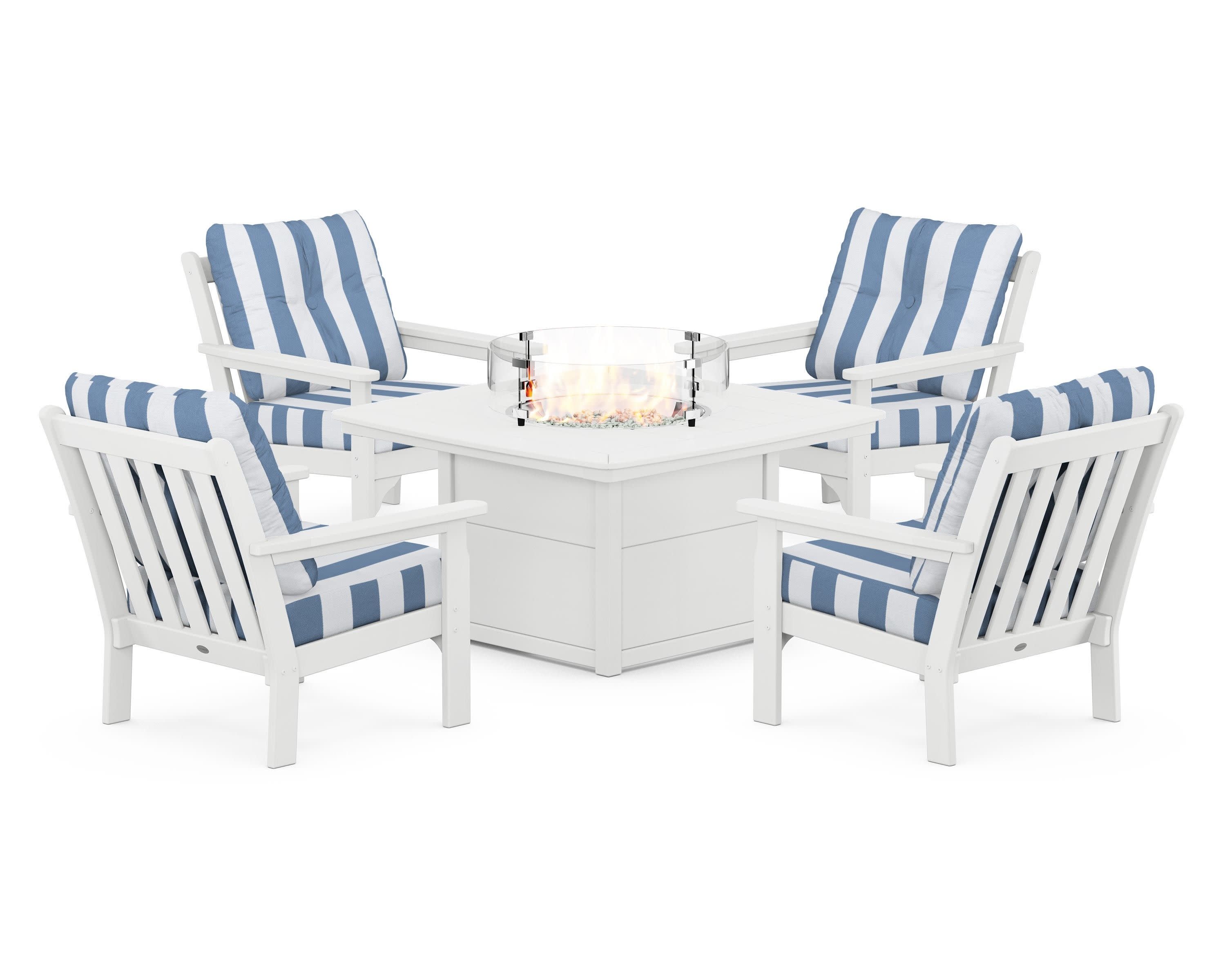 Vineyard 5-Piece Conversation Set with Fire Pit Table in White / Cabana Stripe Sky Blue