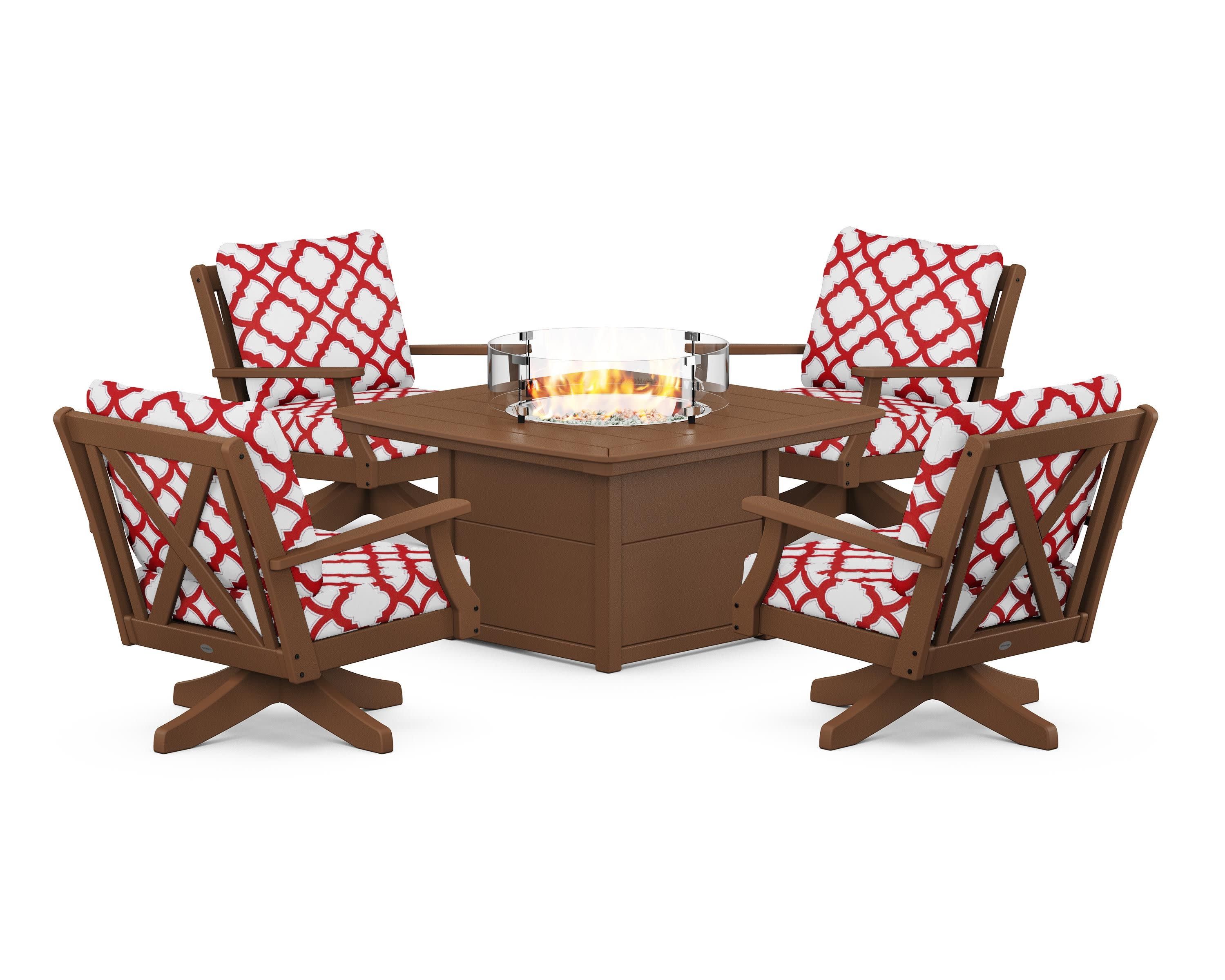 Braxton 5-Piece Deep Seating Swivel Conversation Set with Fire Pit Table in Teak / Trellis Crimson