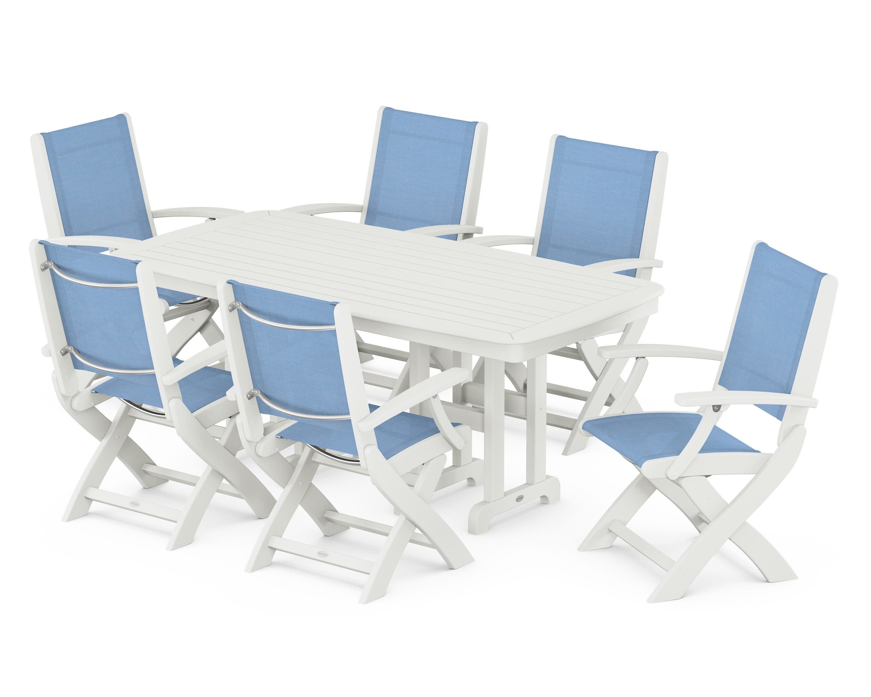 Coastal Folding Arm Chair 7-Piece Dining Set in Vintage White / Poolside Sling