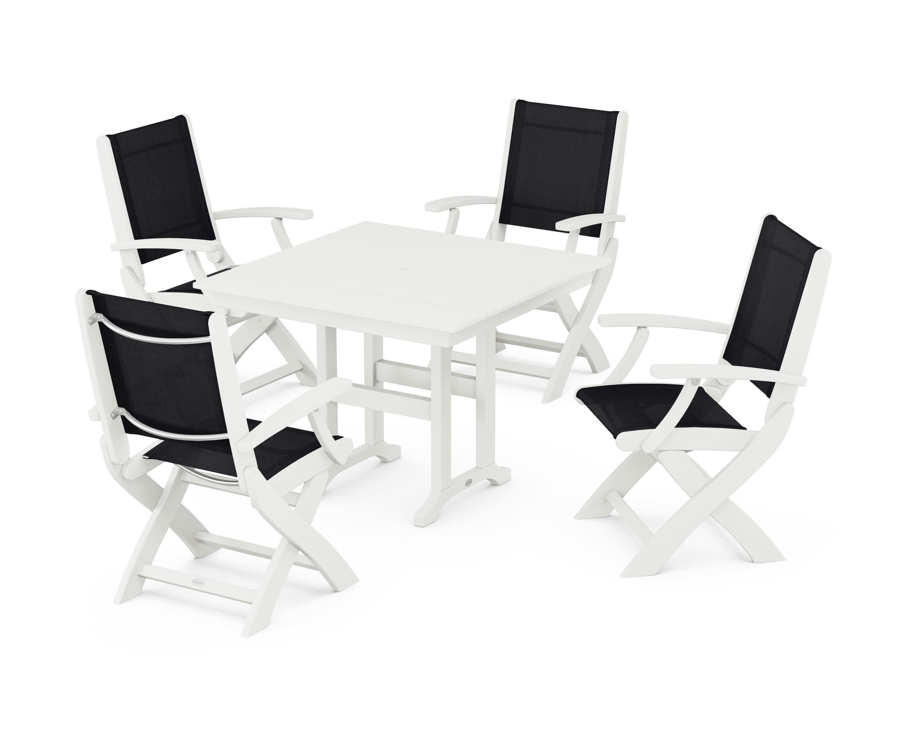 Coastal Folding Chair 5-Piece Farmhouse Dining Set in Vintage White / Black Sling