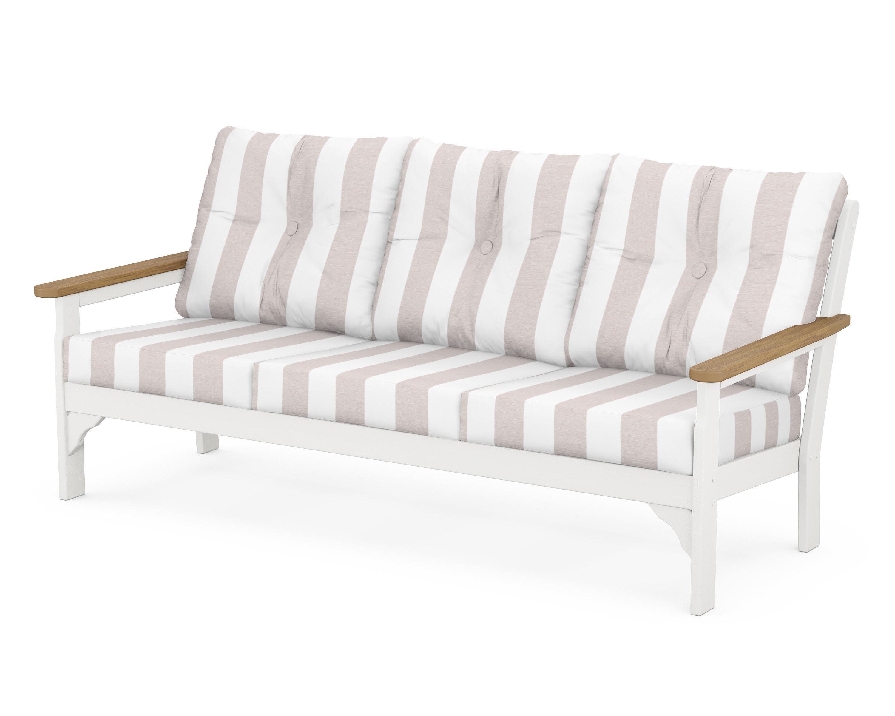 Vineyard Deep Seating Sofa in White / Natural / Cabana Stripe Dune Burlap