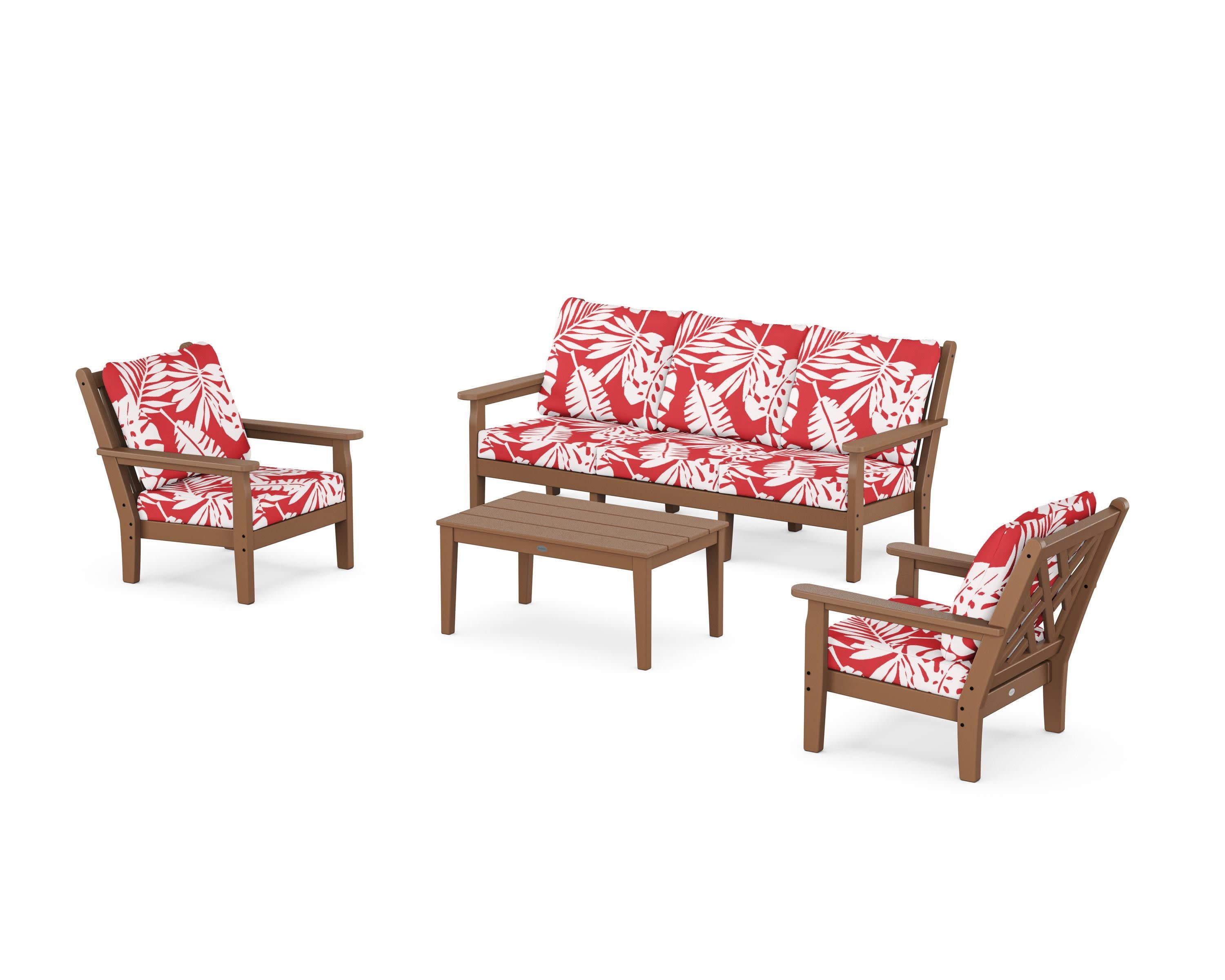 Chippendale 4-Piece Deep Seating Set with Sofa in Teak / Leaf Crimson