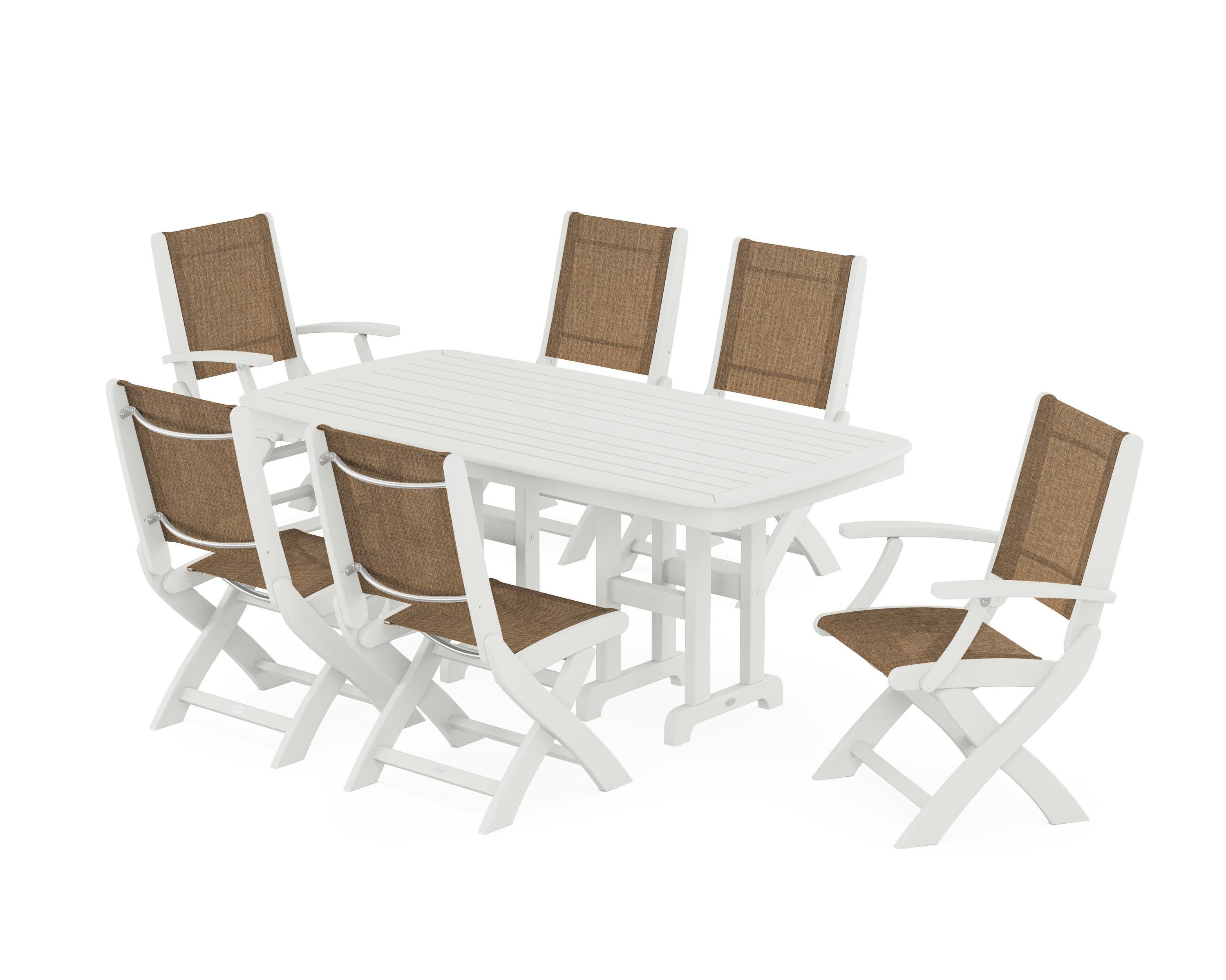 Coastal Folding Chair 7-Piece Dining Set in Vintage White / Burlap Sling