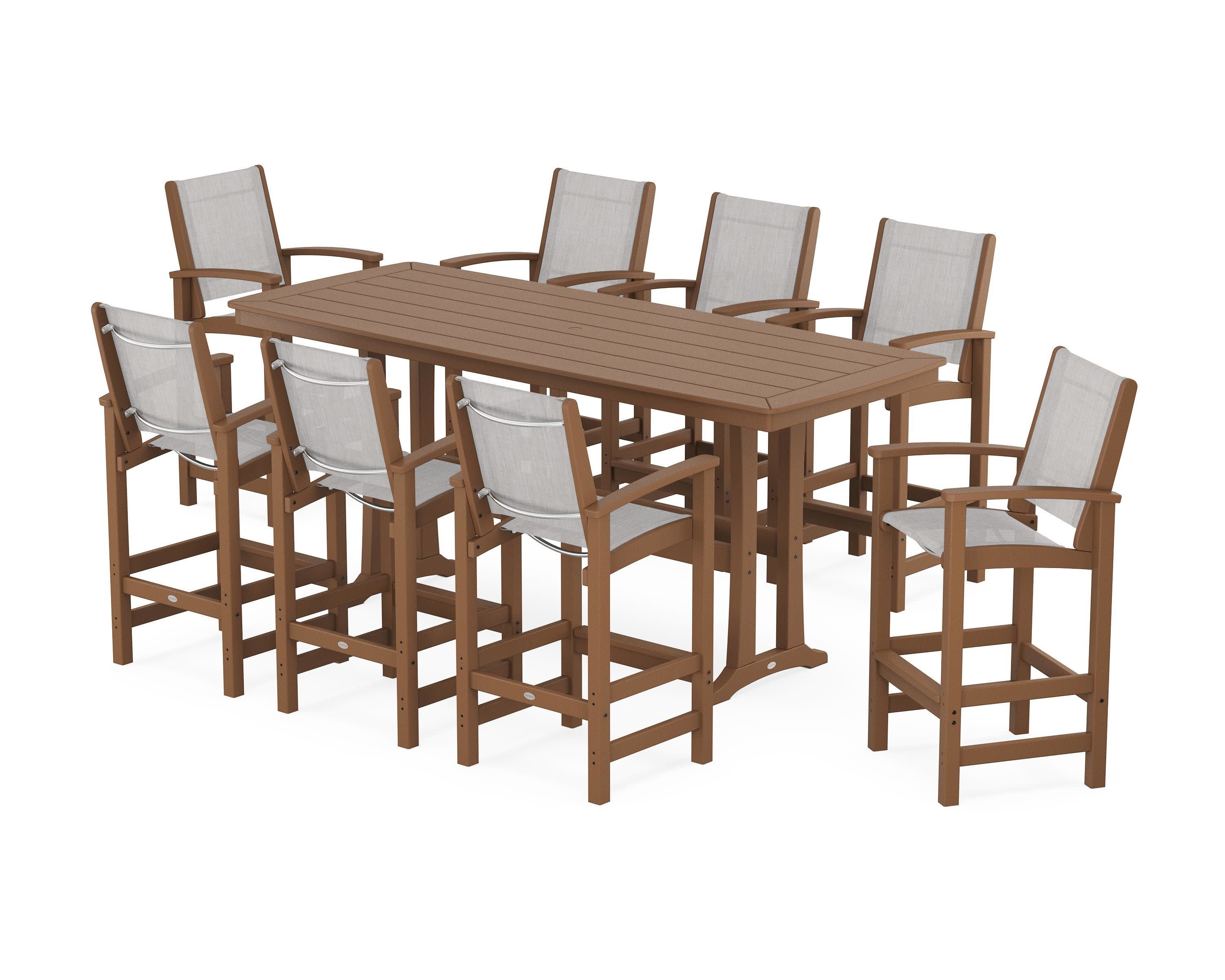 Coastal 9-Piece Bar Set with Trestle Legs in Teak / Parchment Sling