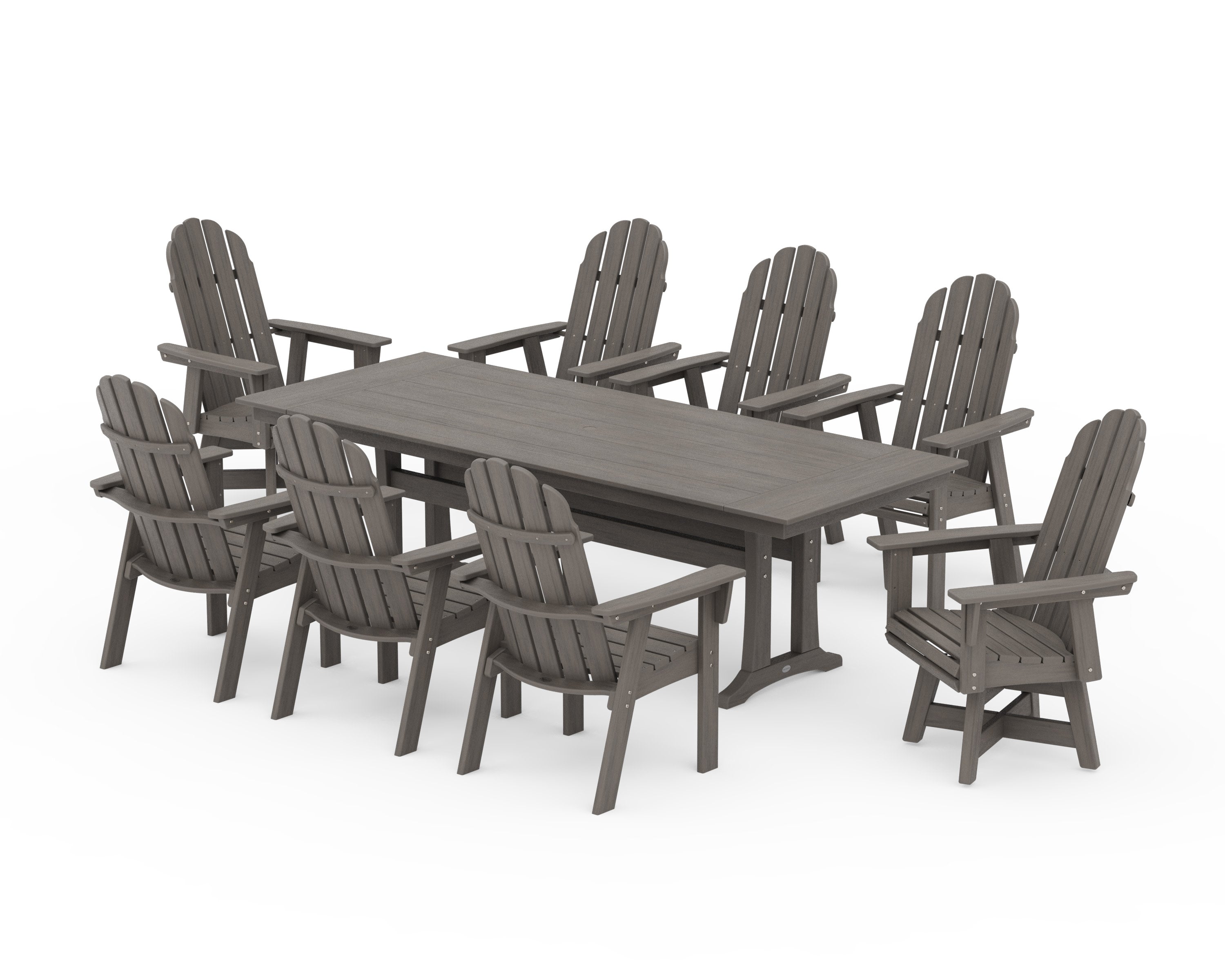 Vineyard 9-Piece Curveback Adirondack Swivel Farmhouse Dining Set with Trestle Legs in Driftwood