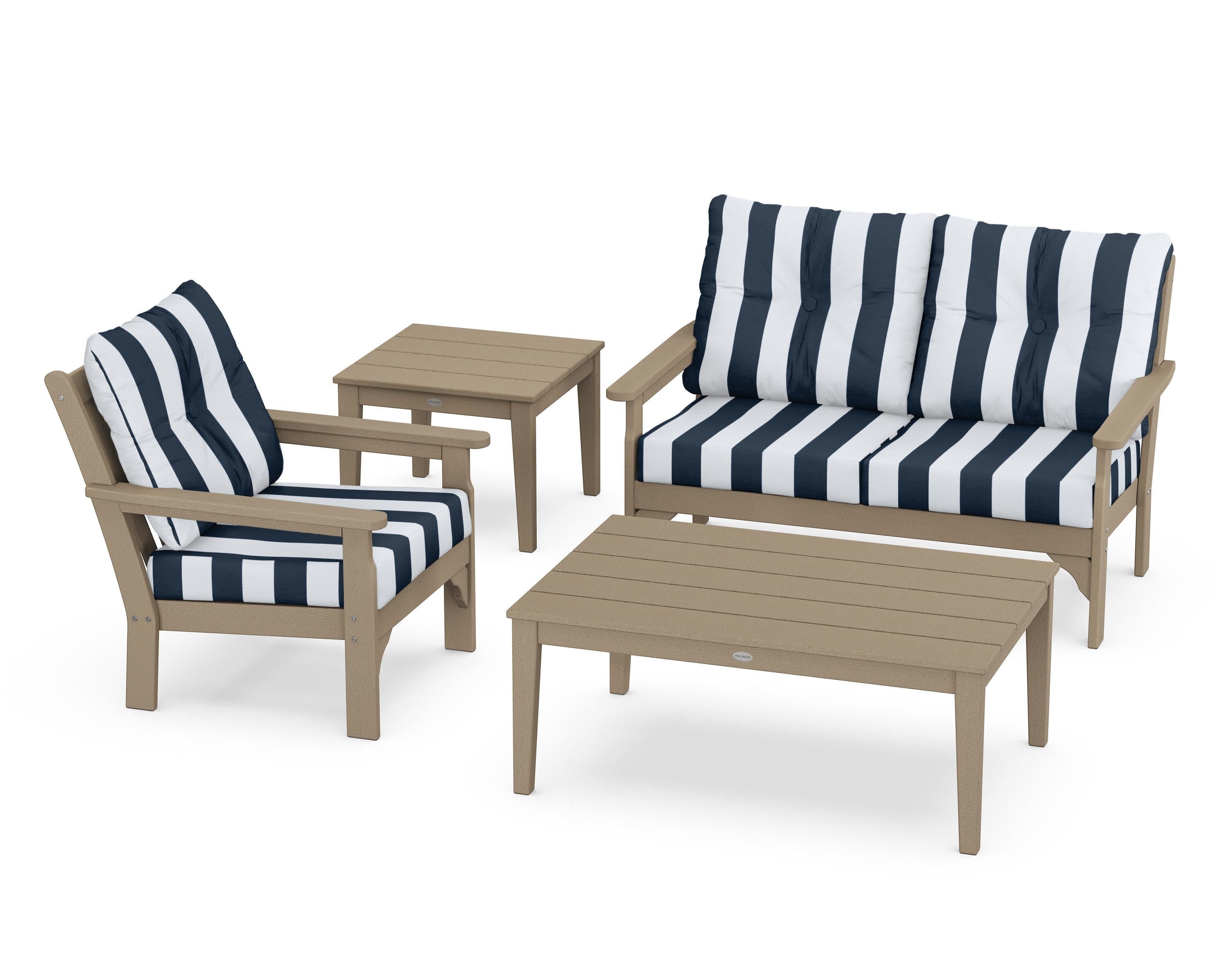 Vineyard 4-Piece Deep Seating Set in Vintage Sahara / Cabana Stripe Marine Indigo