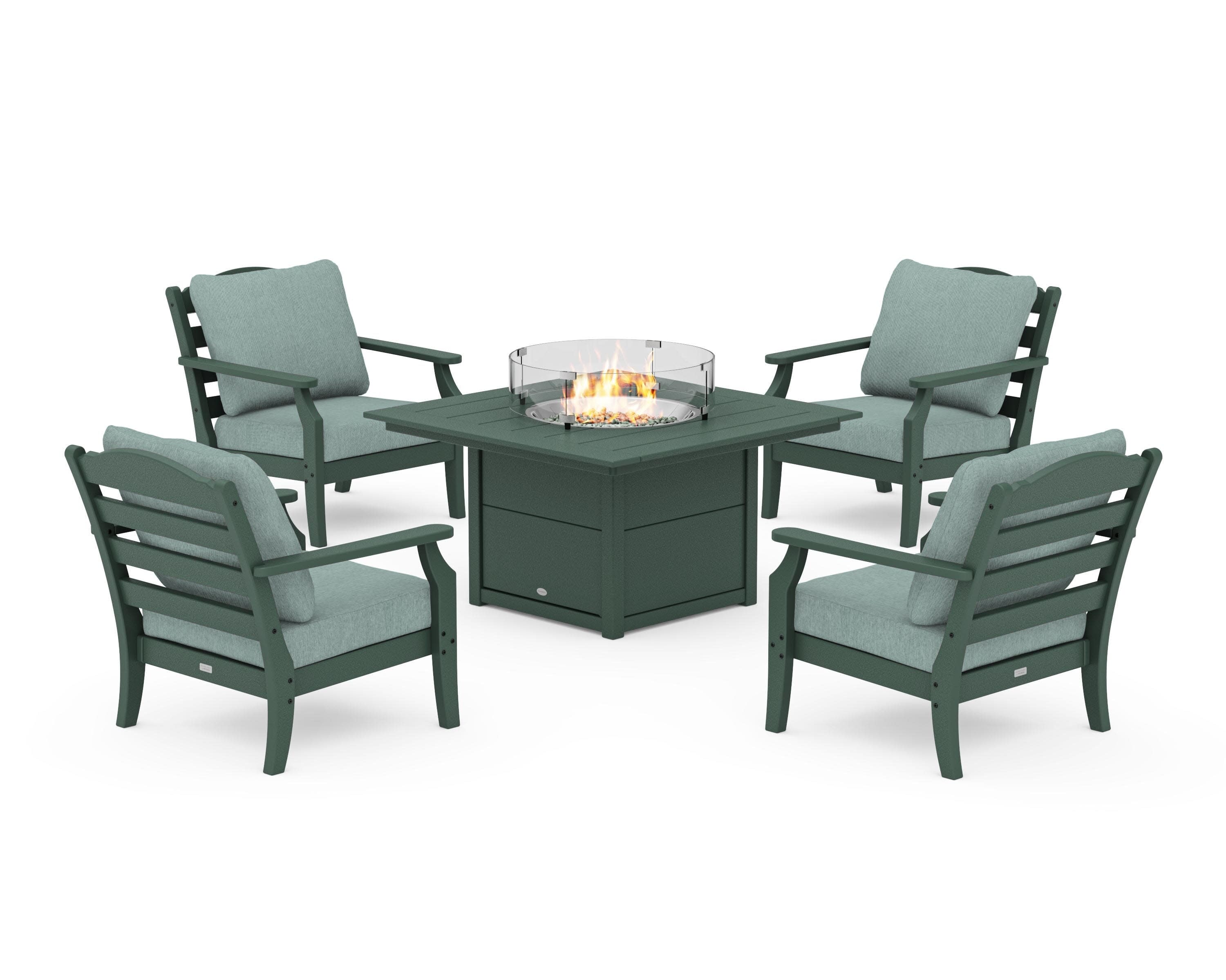 Savannah 5-Piece Deep Seating Set with Fire Pit Table in Green / Glacier Spa
